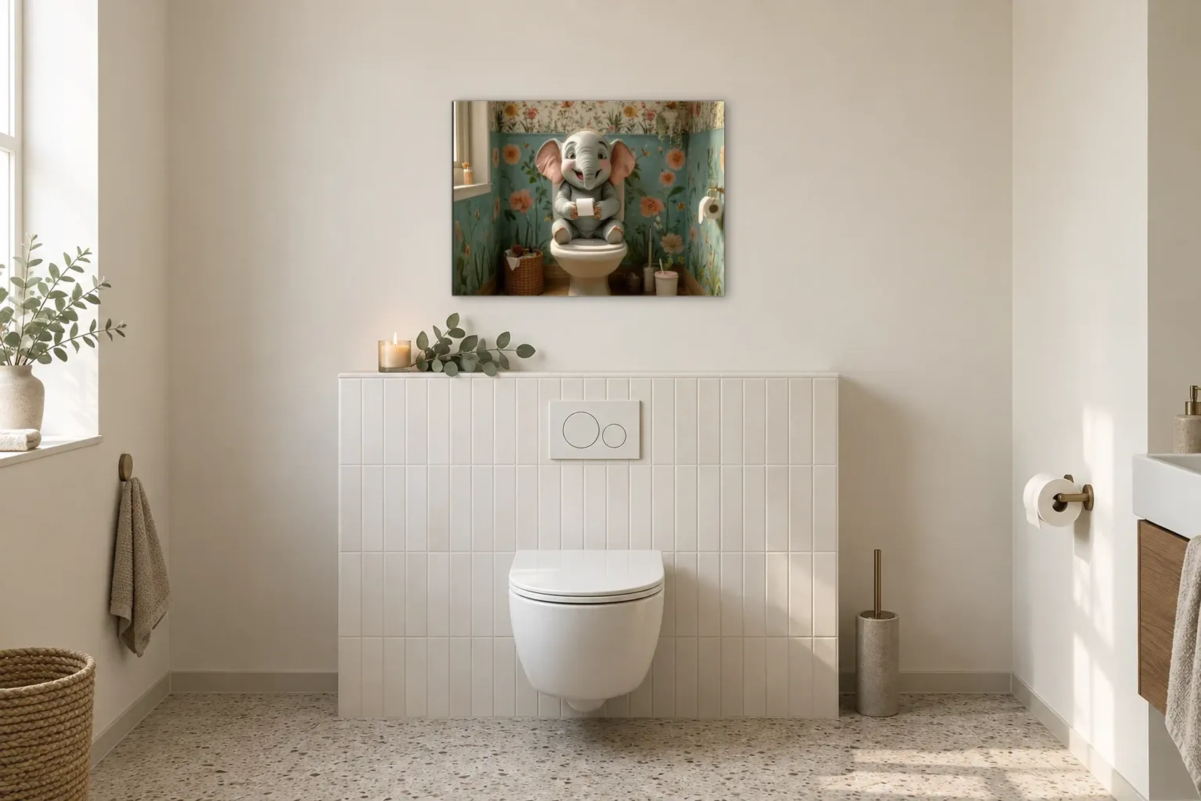 Elefantenkind im Blumenbad als Wandbild im Gäste-WC