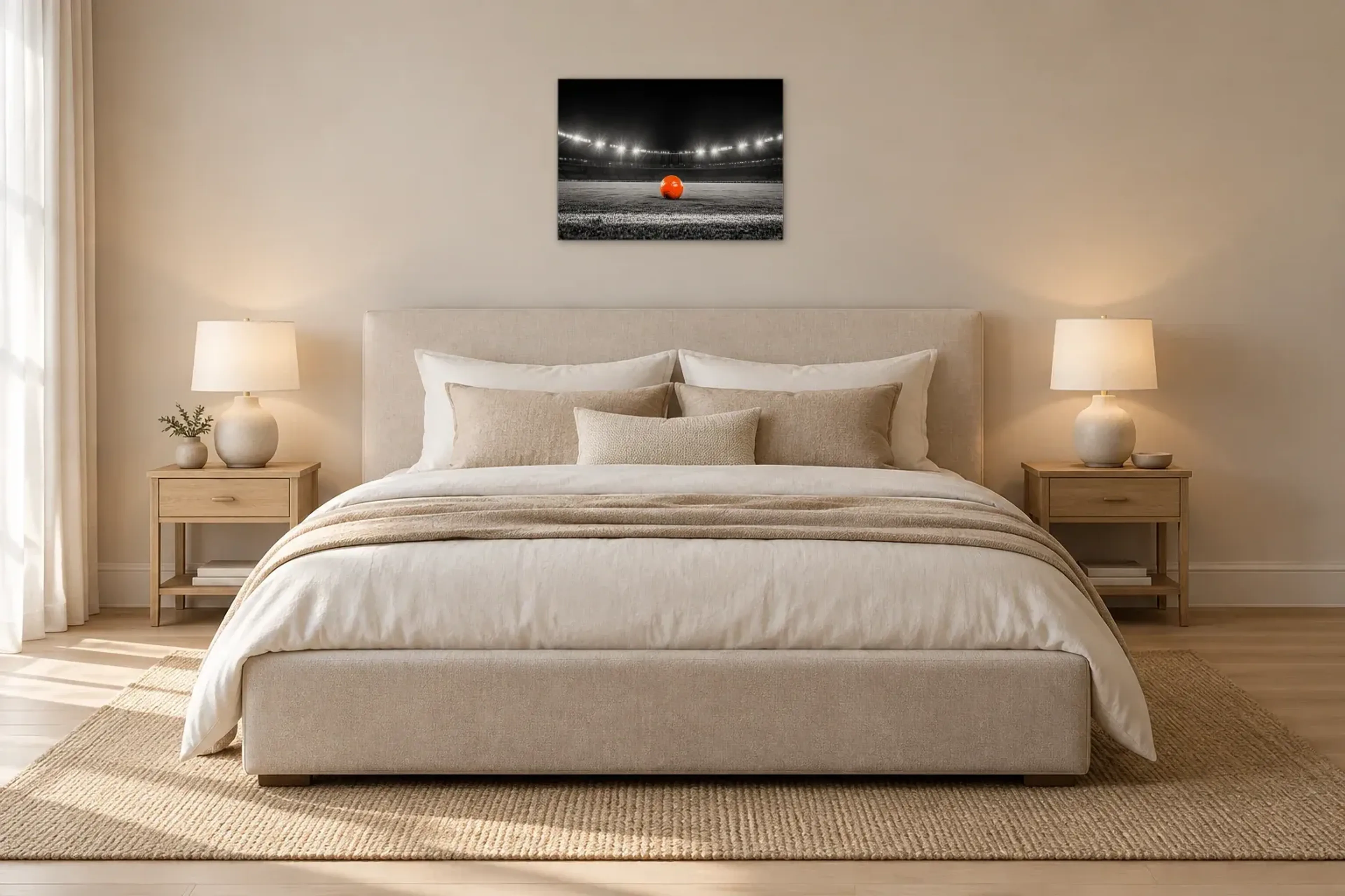 Fußball im Flutlicht als Wandbild über einem 180-cm-Bett