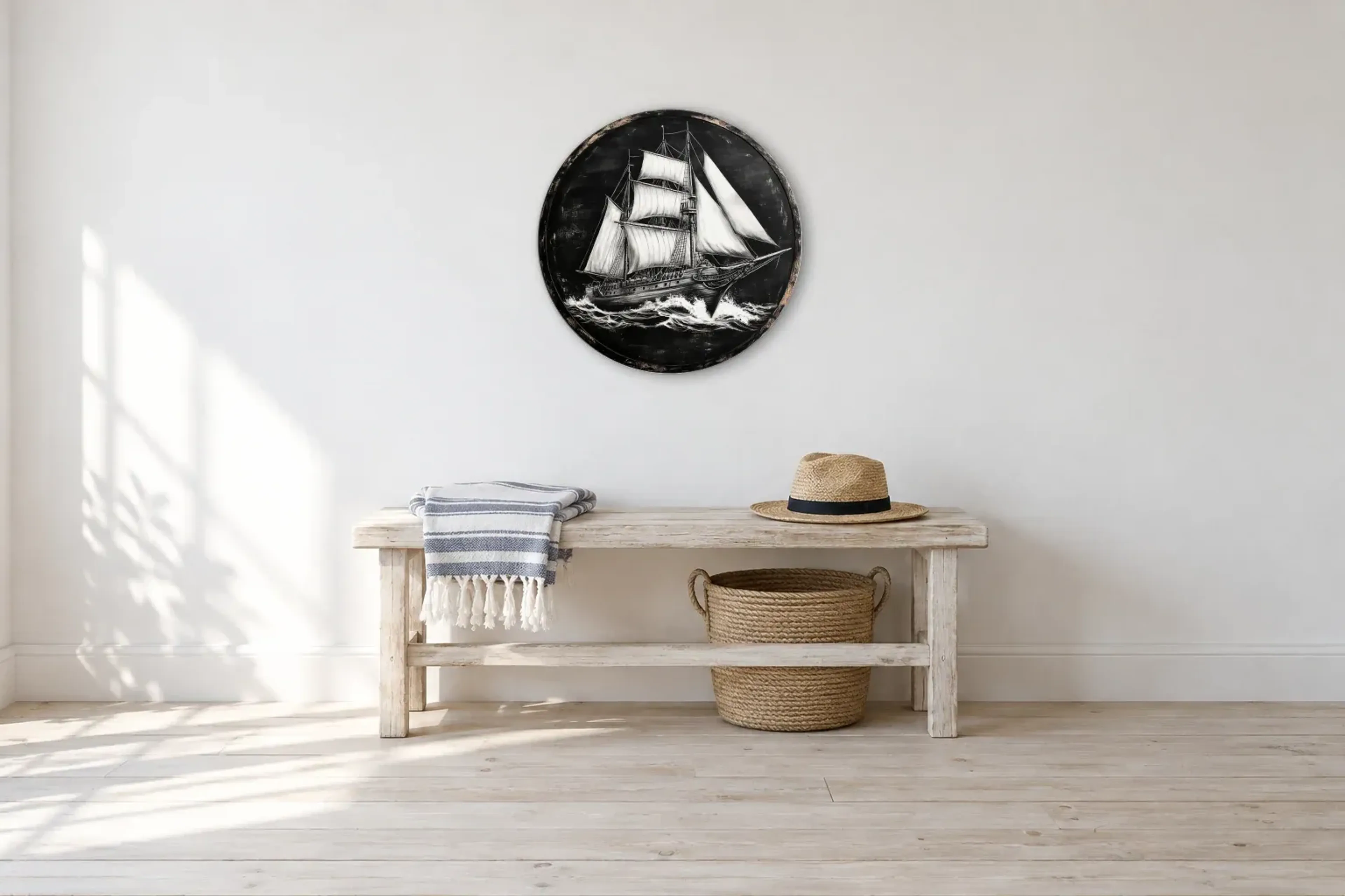 Segelschiff als Wandbild über einer 100-cm-Bank