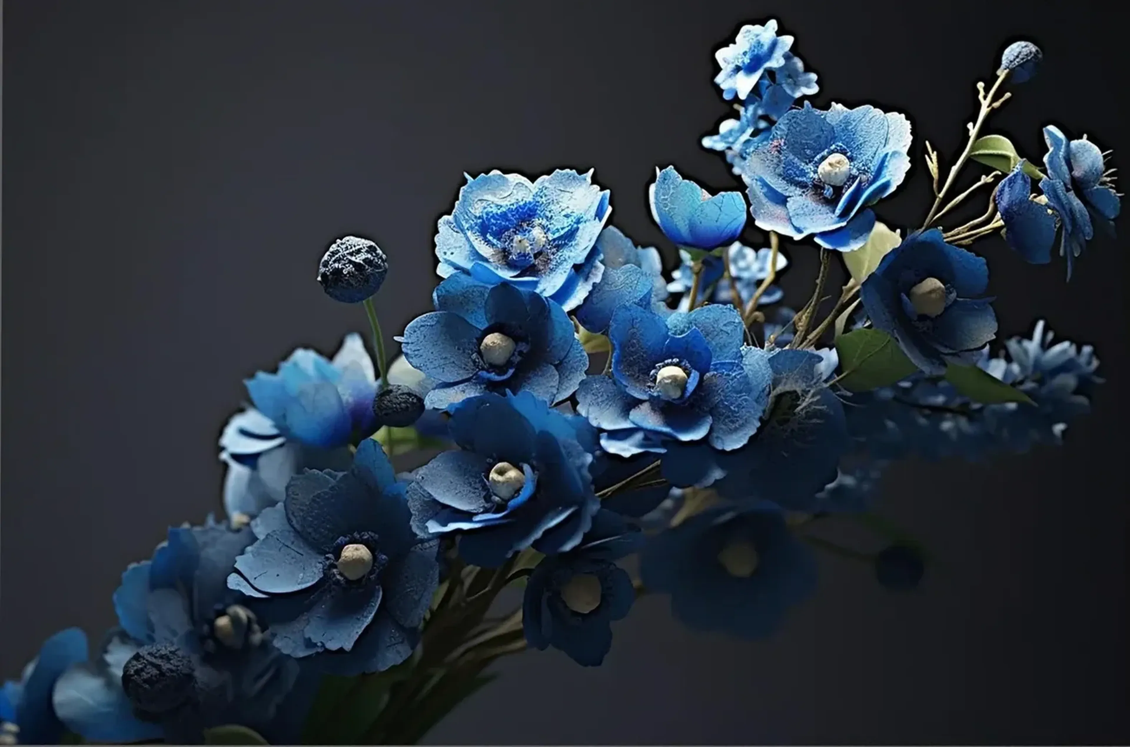 Ein Zweig mit blauen Blüten, hellen Blütenmitten und runden Knospen verläuft diagonal vor dunkelgrauem Grund.