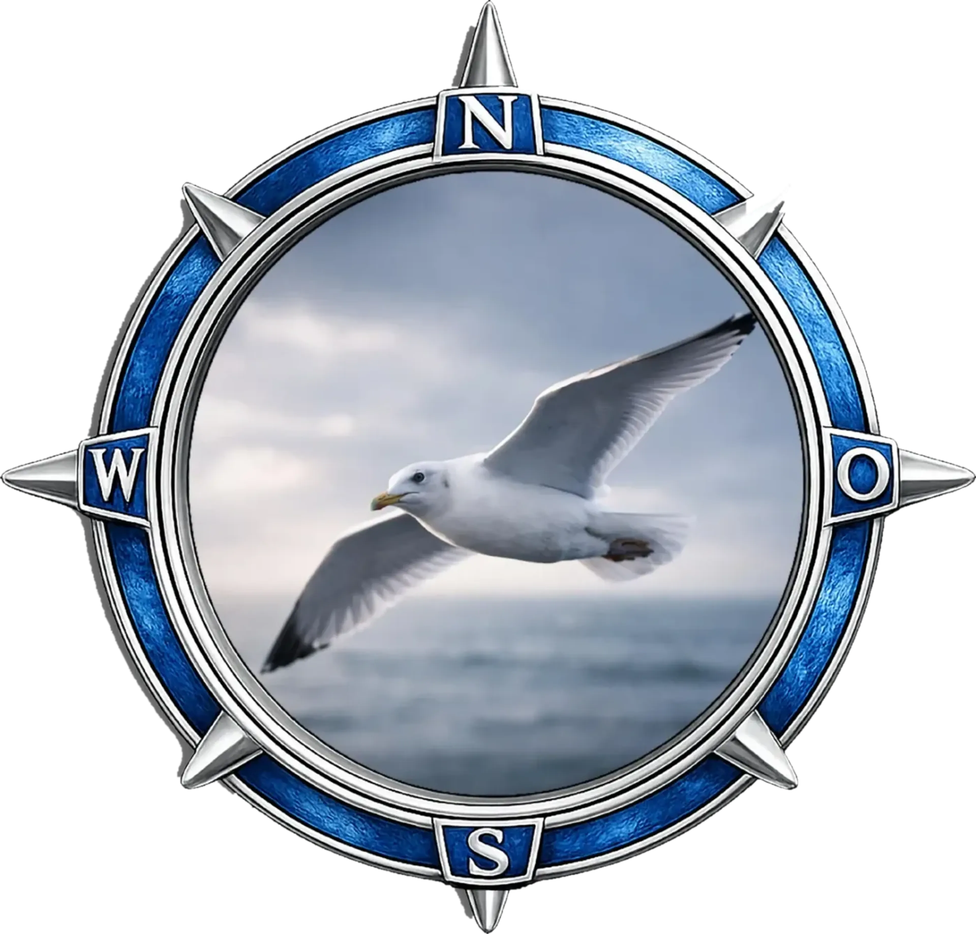Weiß-graue Möwe mit ausgebreiteten Flügeln vor Meer und Wolken in einem blau-silberfarbenen Kompassmotiv.