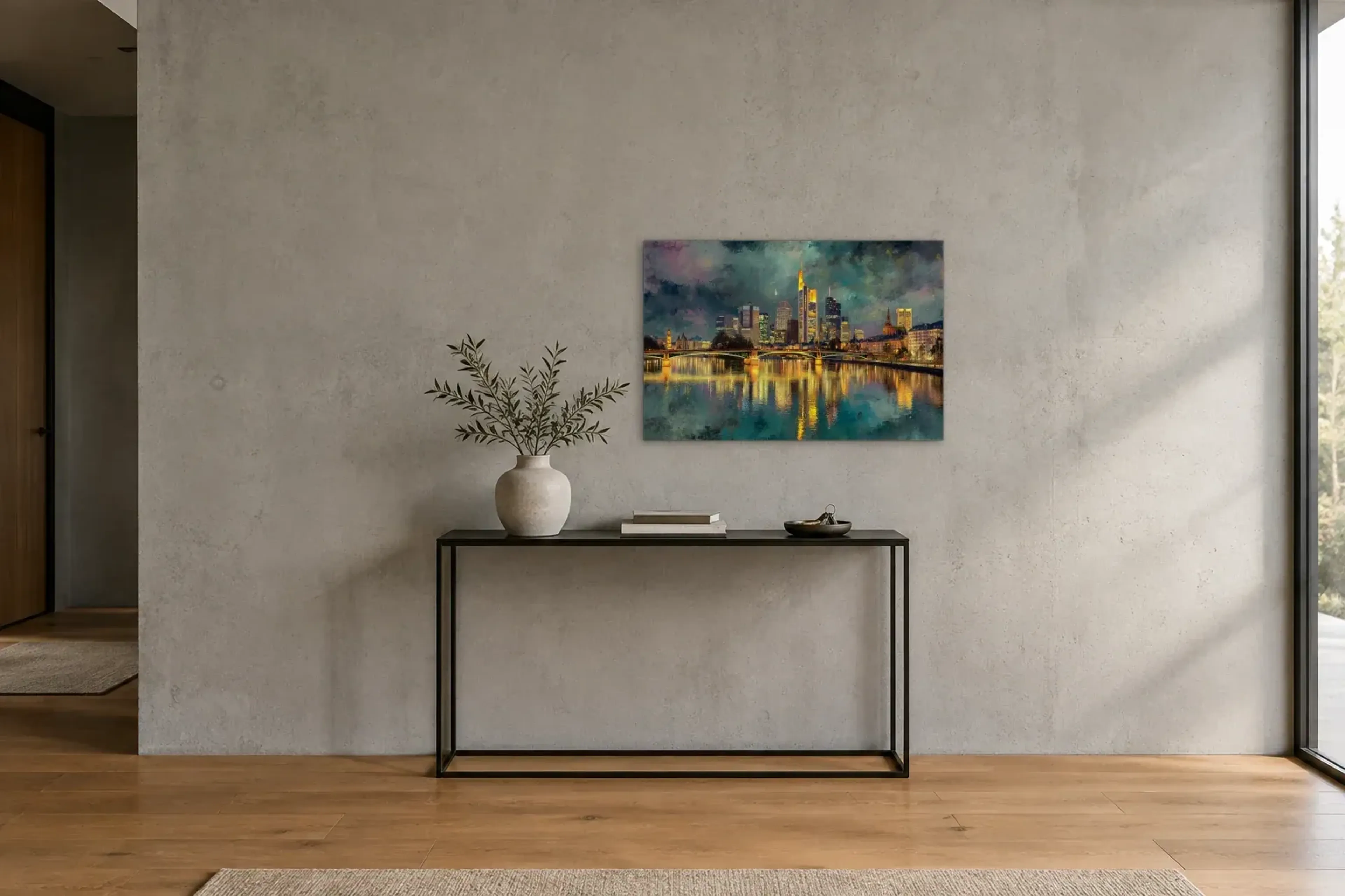 Goldene Lichter am Main als Wandbild über einer 120-cm-Konsole