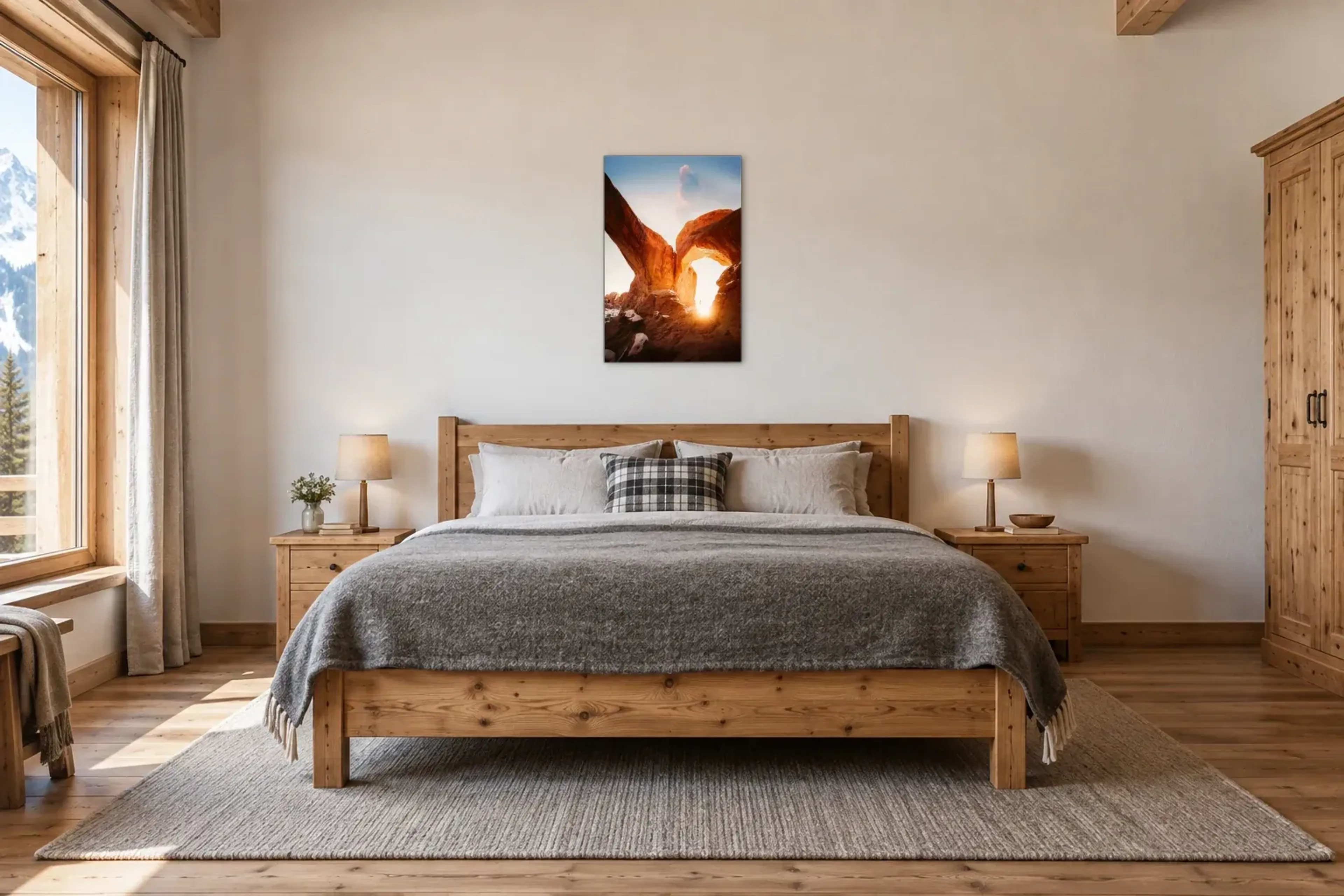 Sonnenstrahl im Felsbogen als Wandbild über einem 180-cm-Bett