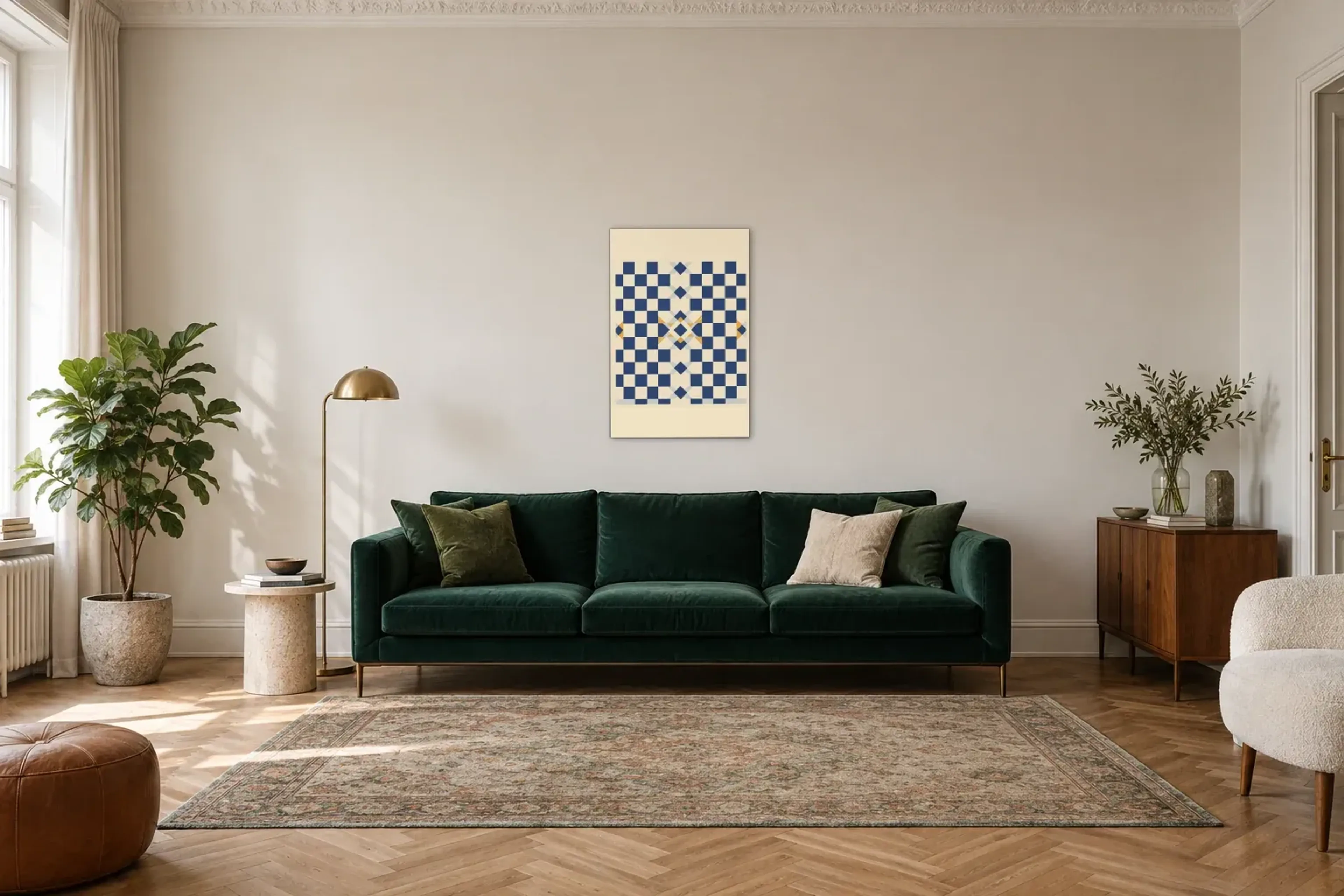 Schachbrett mit Rauten als Wandbild über einem 220-cm-Sofa