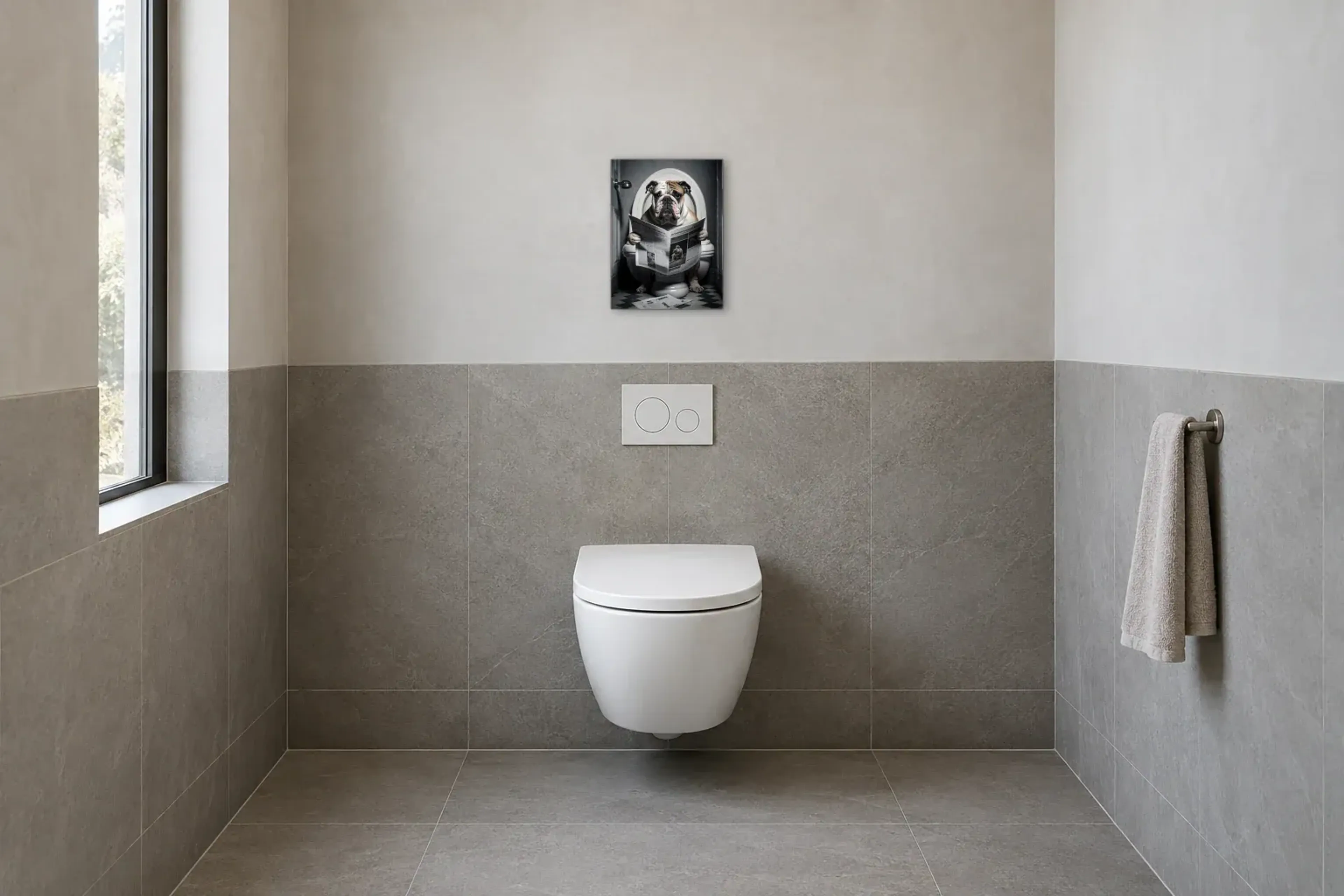 Bulldogge bei der Zeitungslektüre als Wandbild im Gäste-WC
