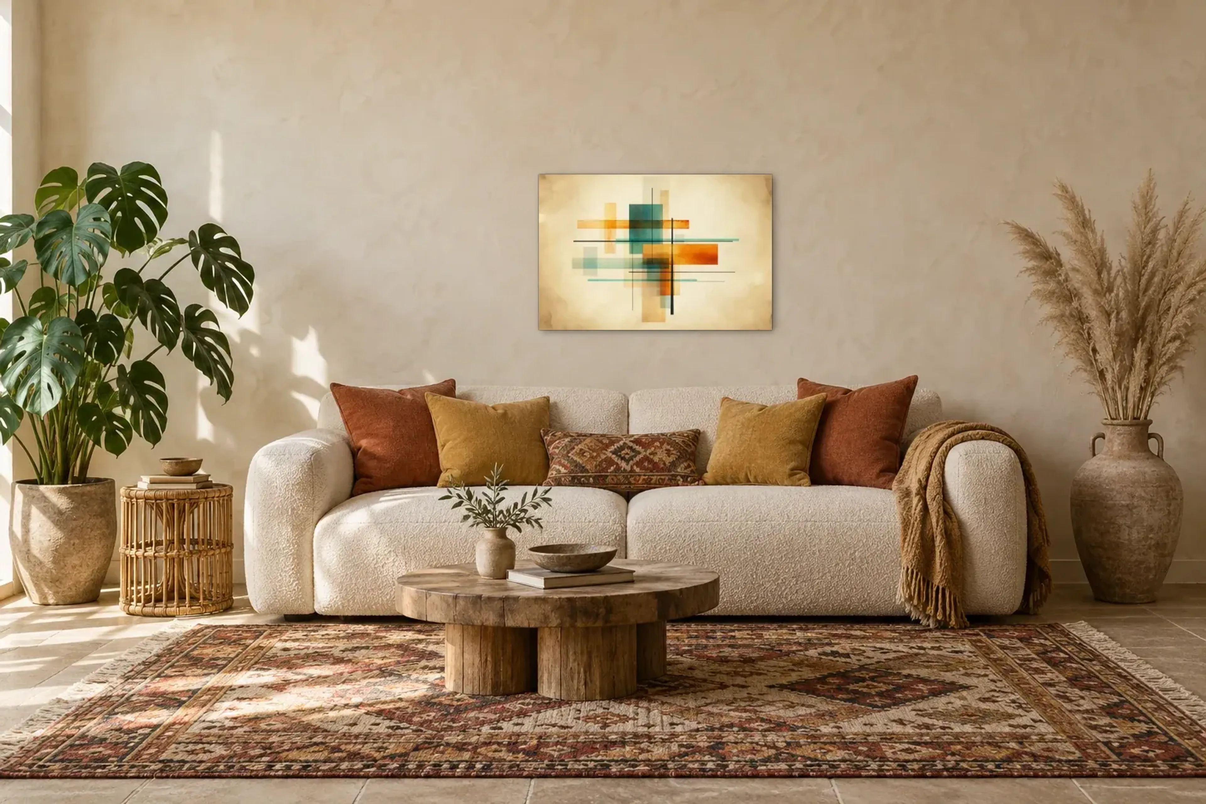 Farbflächen im Schnittpunkt als Wandbild über einem 220-cm-Sofa