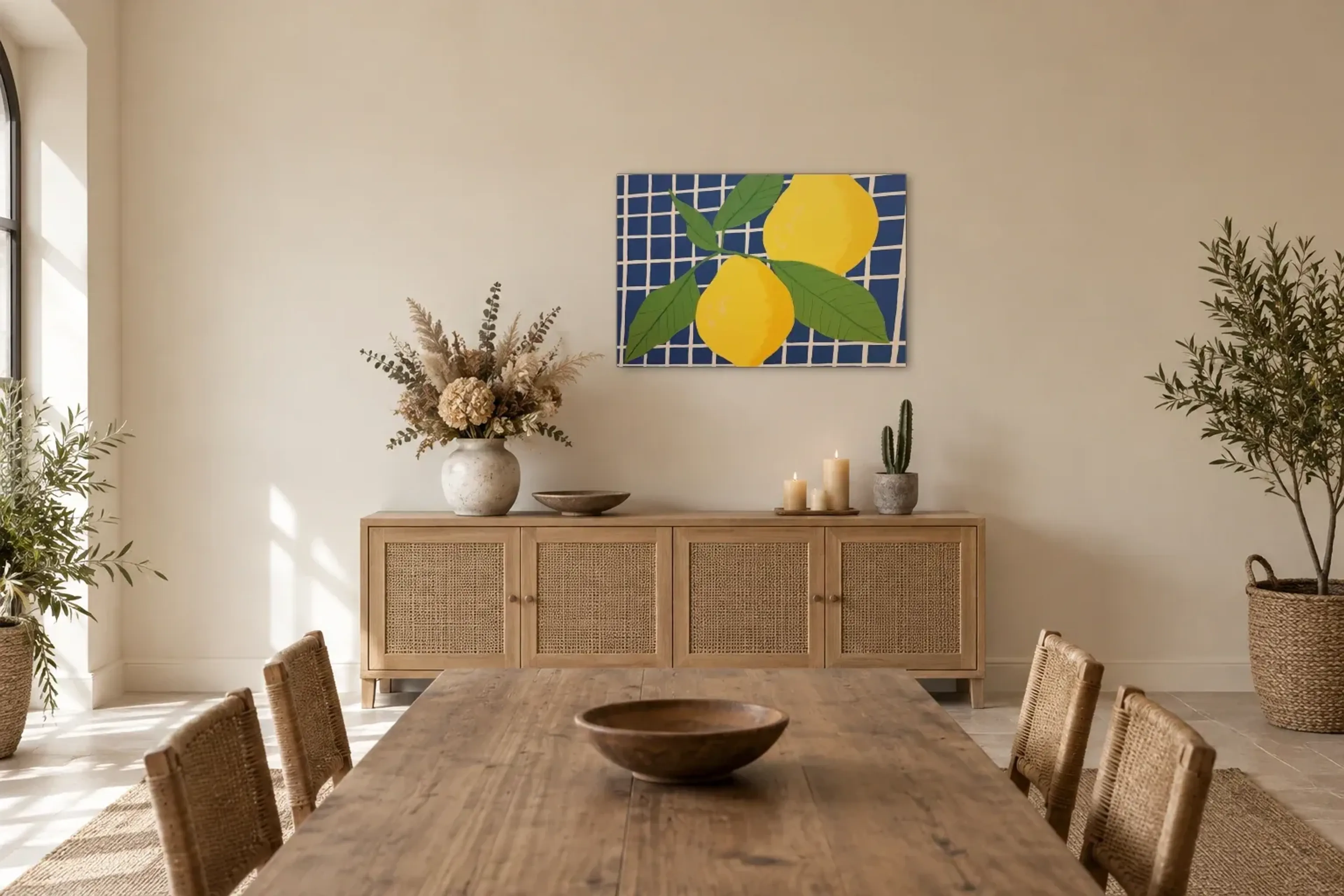 Limoncello Zitronen als Wandbild über einem 160-cm-Sideboard
