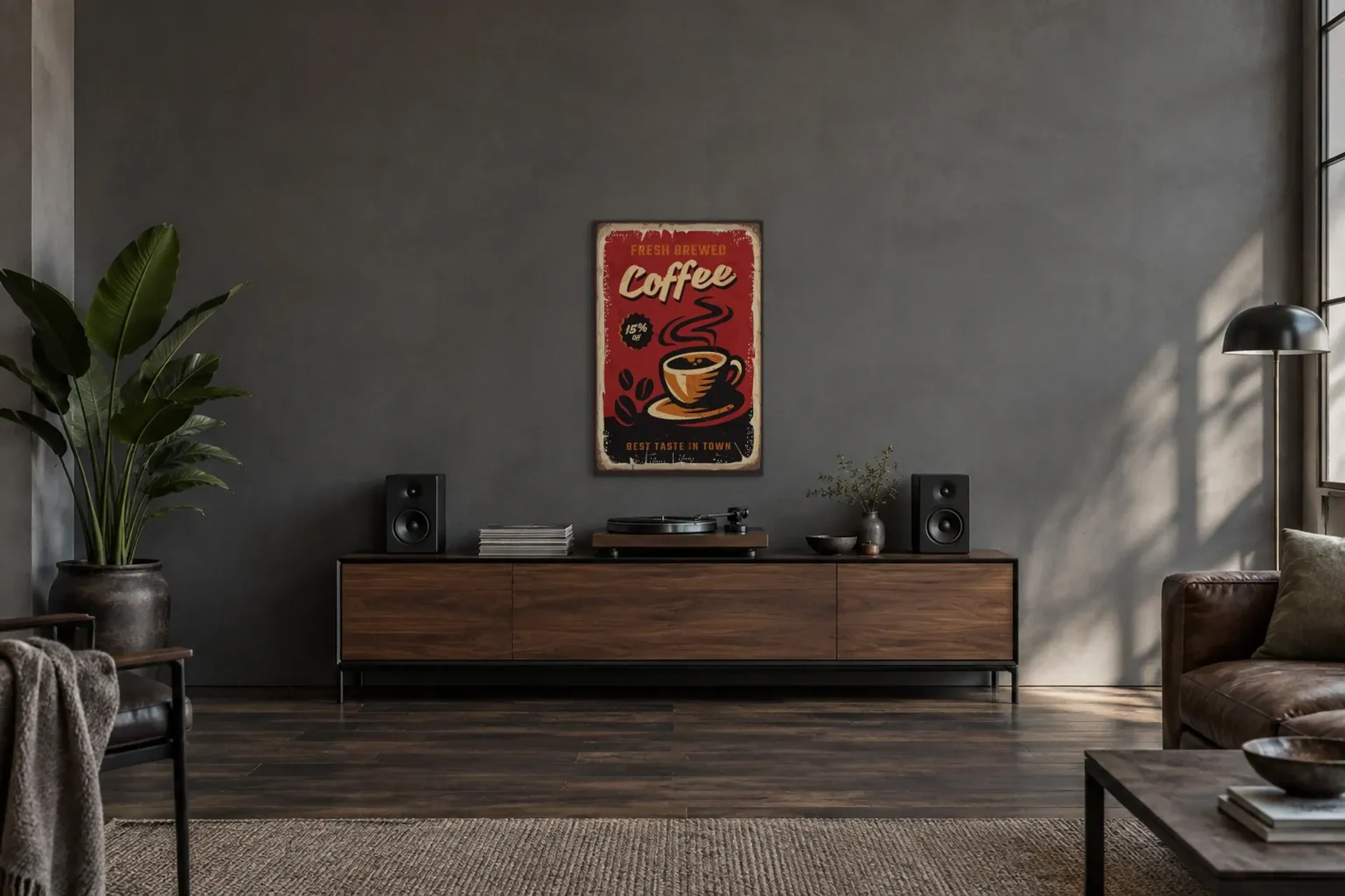 Frisch gebrühter Kaffee als Wandbild über einem 200-cm-Sideboard