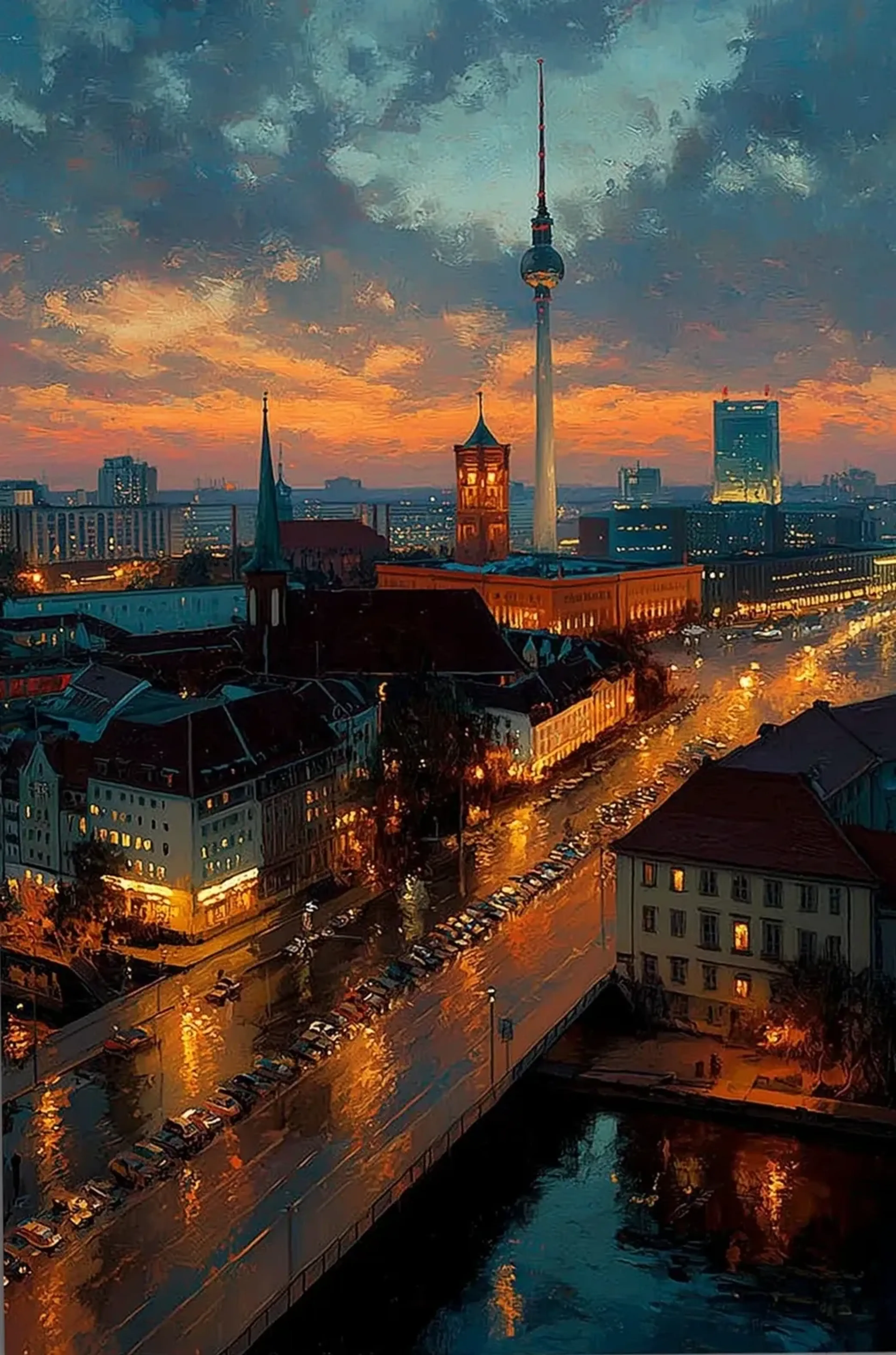 Berliner Fernsehturm unter orangefarbenem Abendhimmel mit Lichtreflexen auf nasser Straße und Wasser.