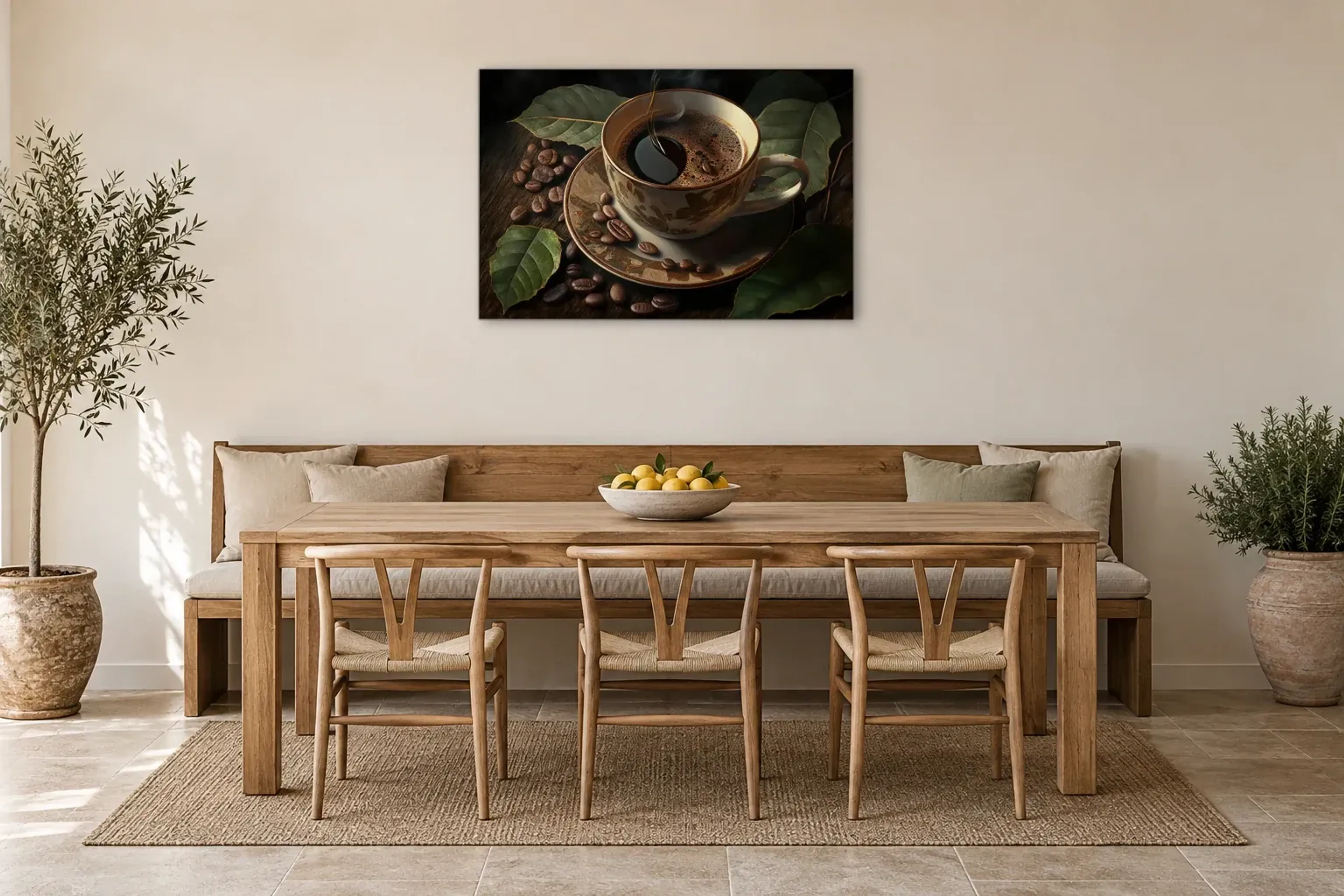 Kaffeetasse mit Blättern als Wandbild über einer 200-cm-Sitzbank