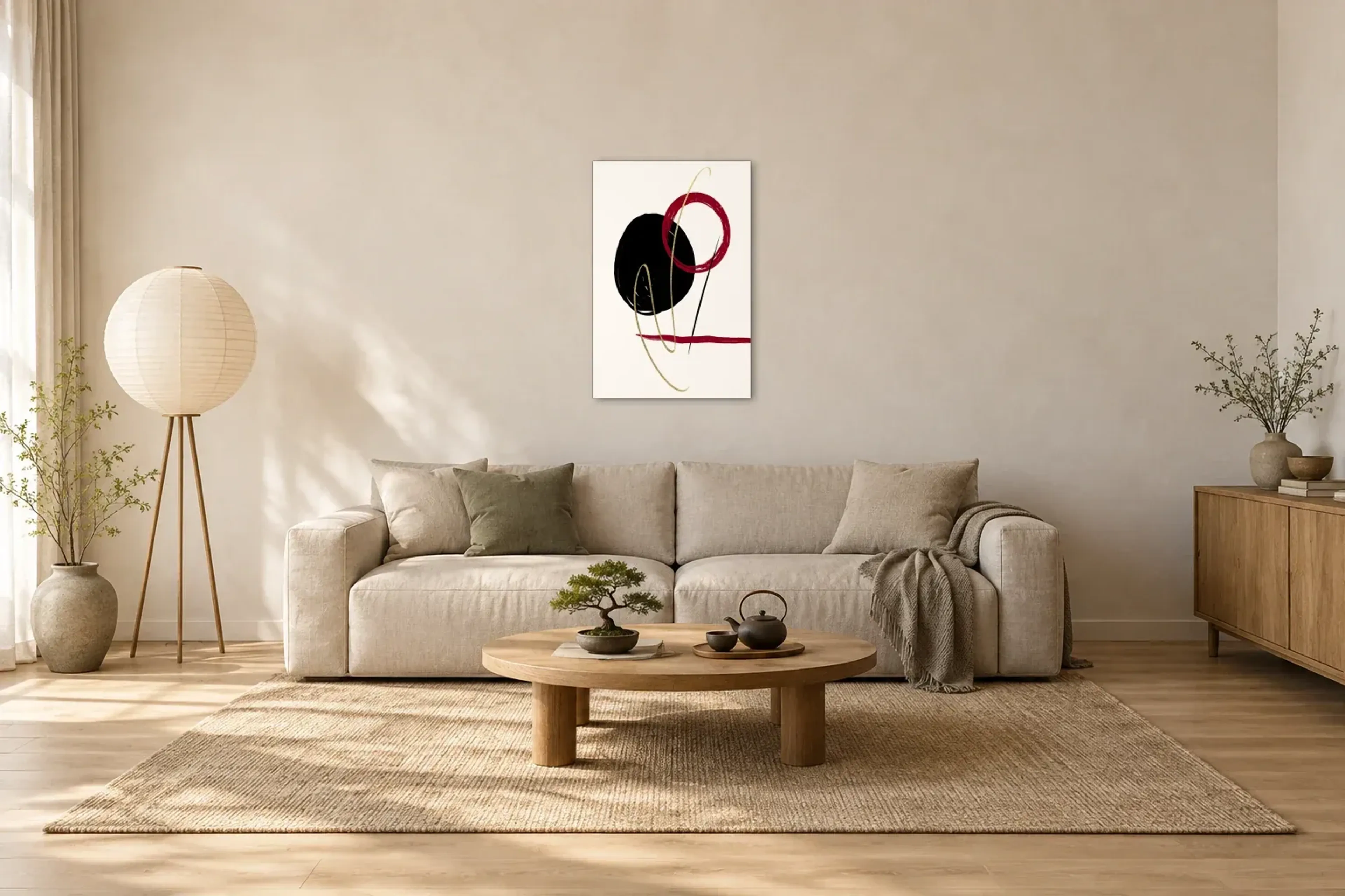 Kreise mit goldener Schleife als Wandbild über einem 220-cm-Sofa
