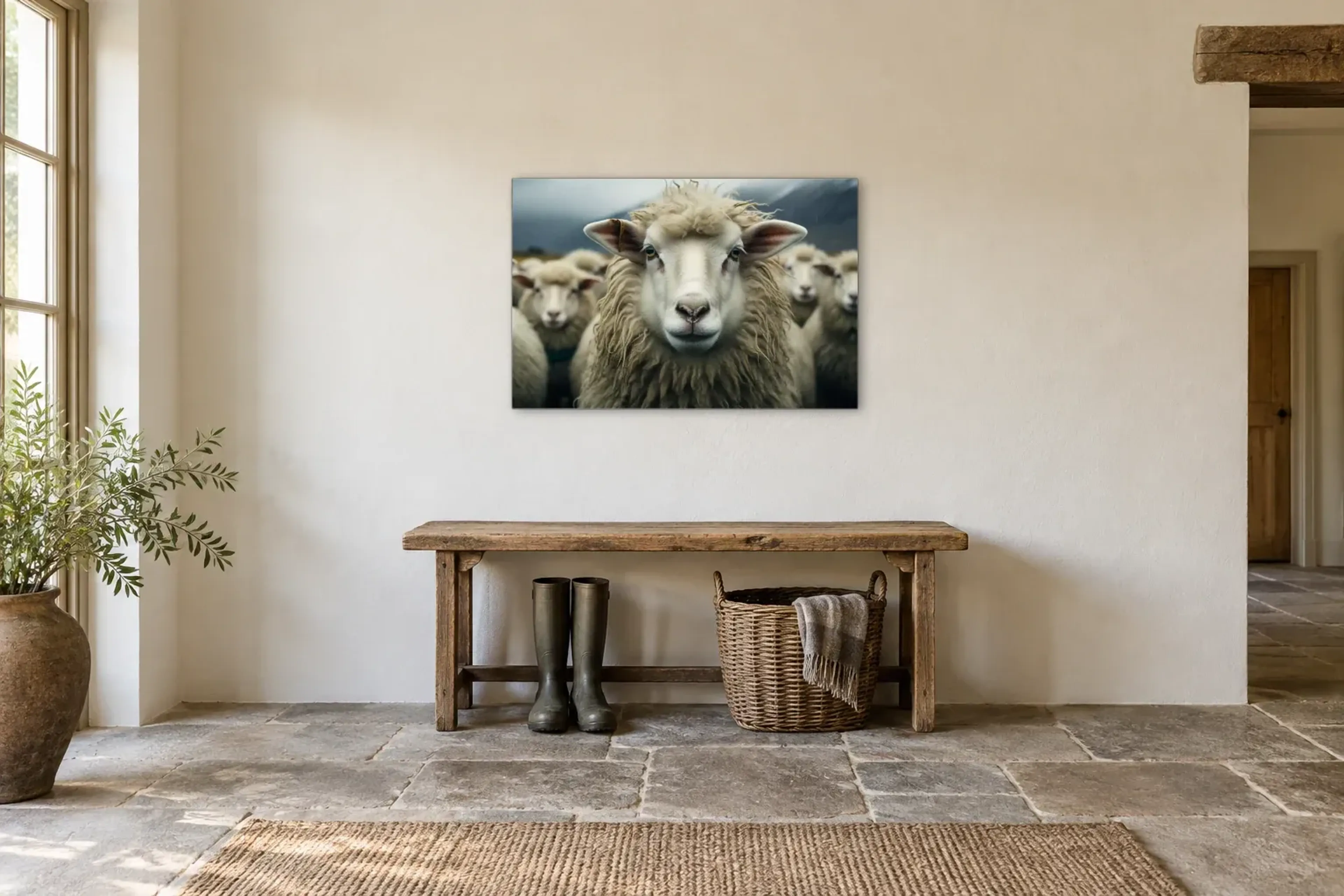 Schaf in der Herde als Wandbild über einer 120-cm-Bank