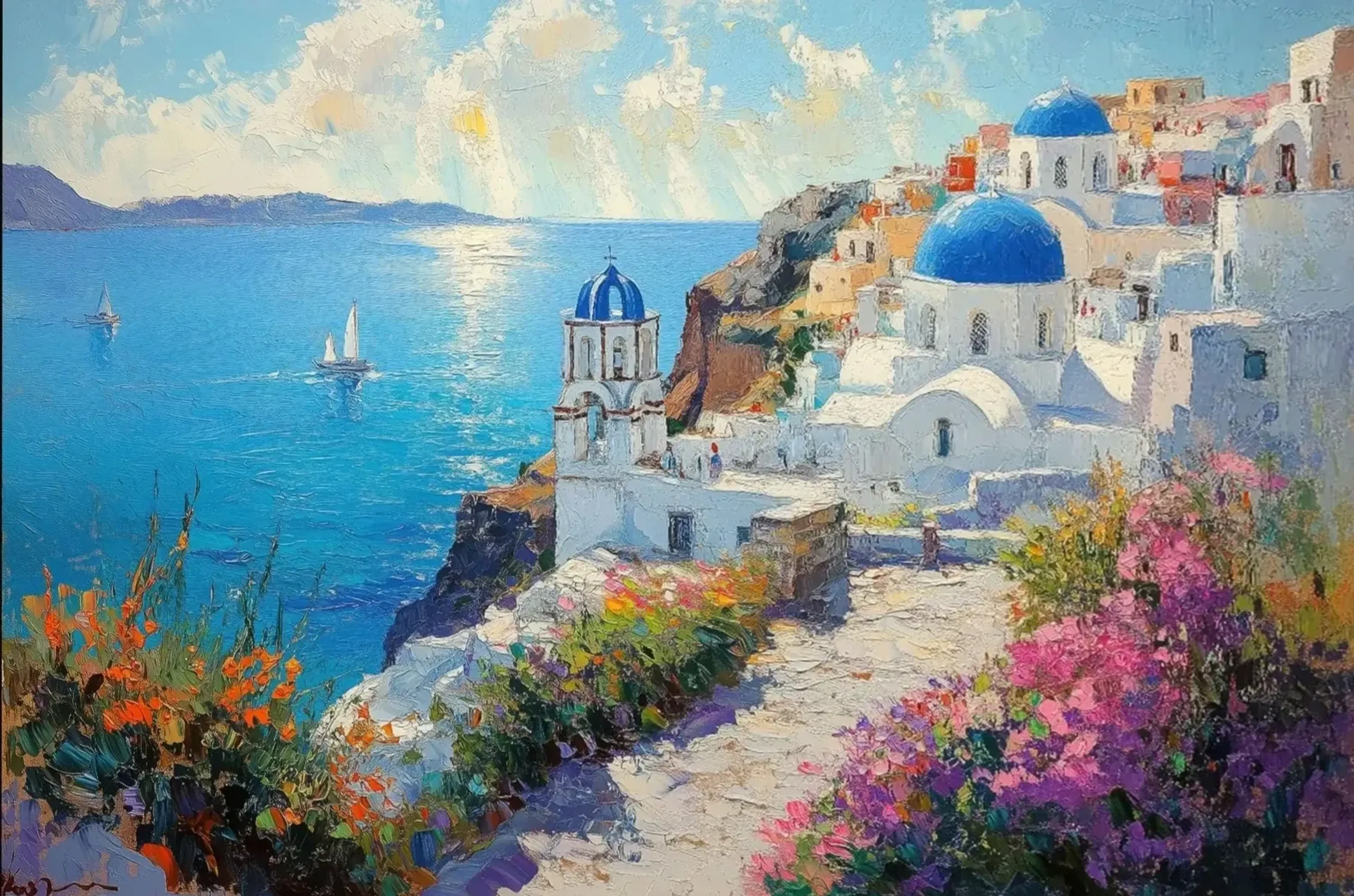 Santorini im Abendlicht – Motiv als Wandbild auf Holz