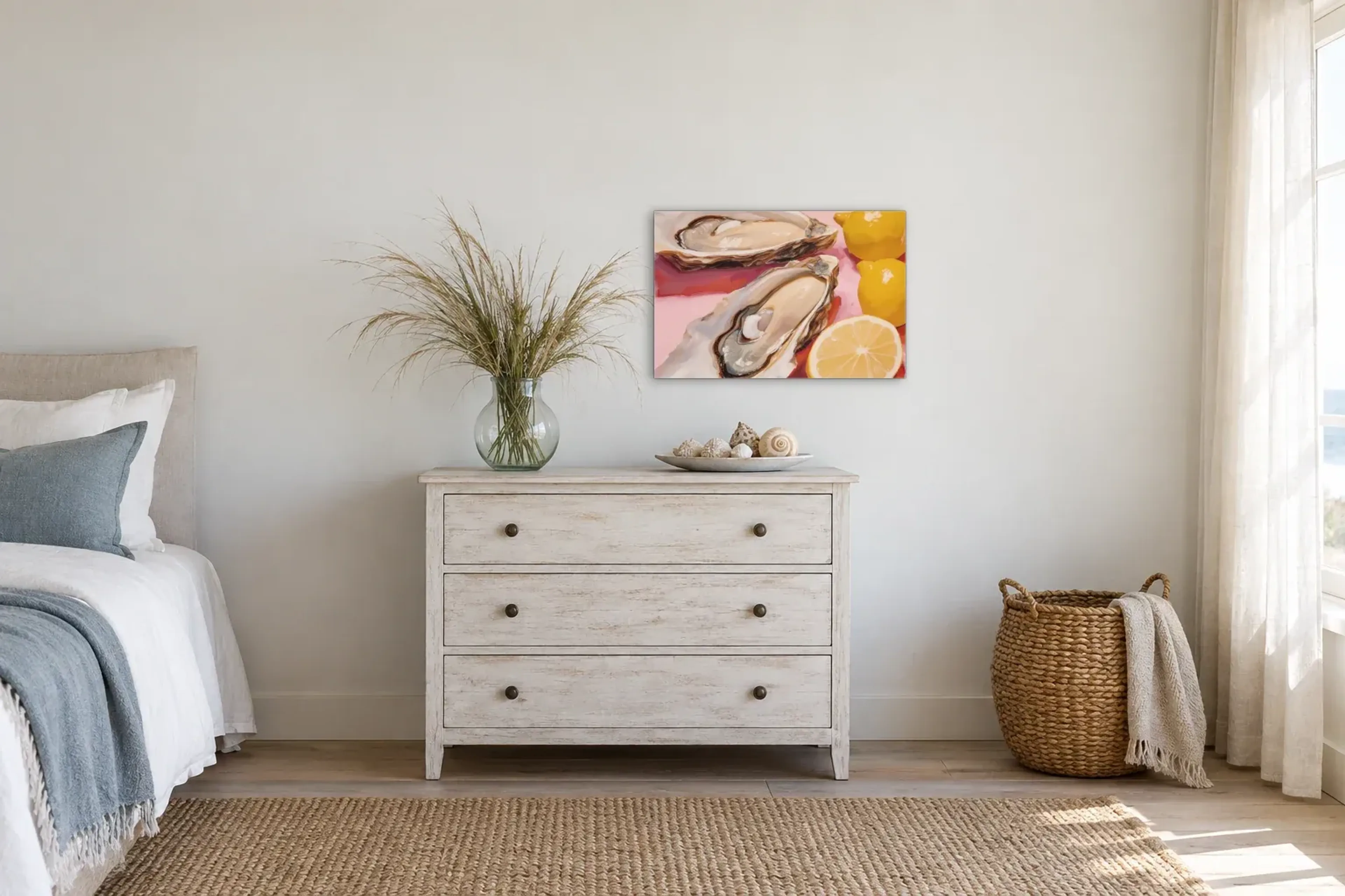 Oyster Party als Wandbild über einer 90-cm-Kommode