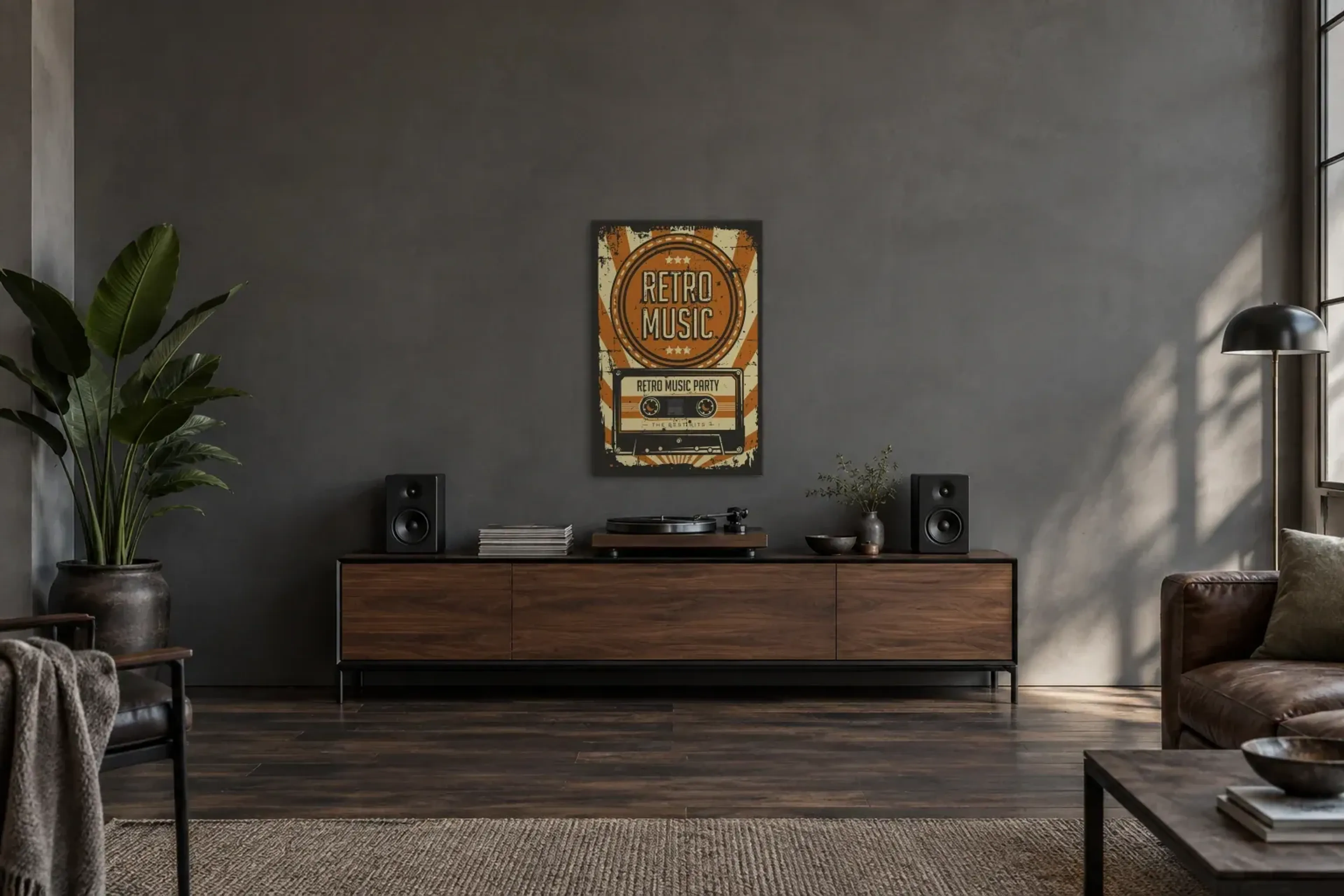 Retro Musik Kassette als Wandbild über einem 200-cm-Sideboard