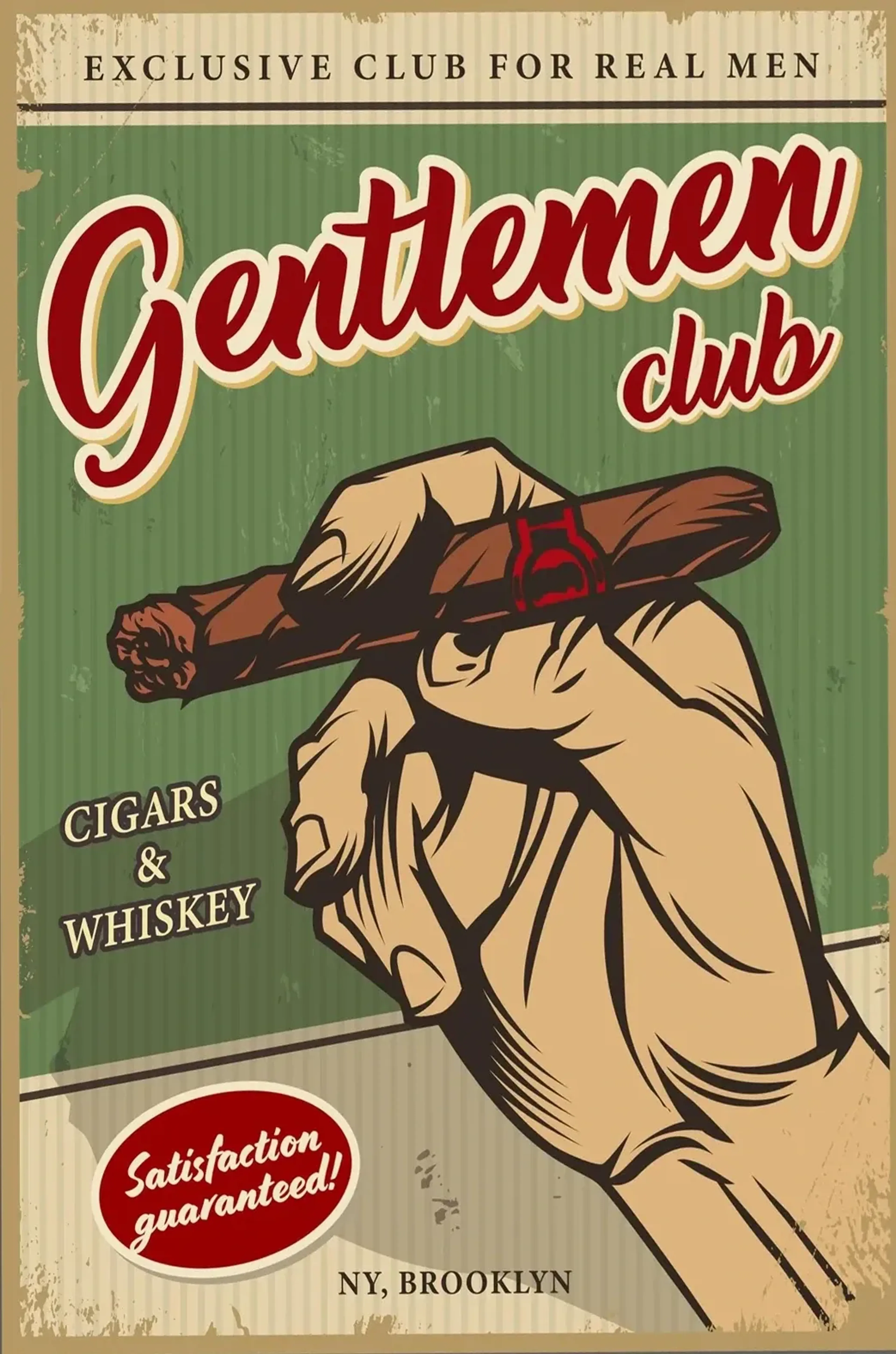 Gezeichnete Hand mit brauner Zigarre vor grünem Grund und rotem Schriftzug „Gentlemen club“.
