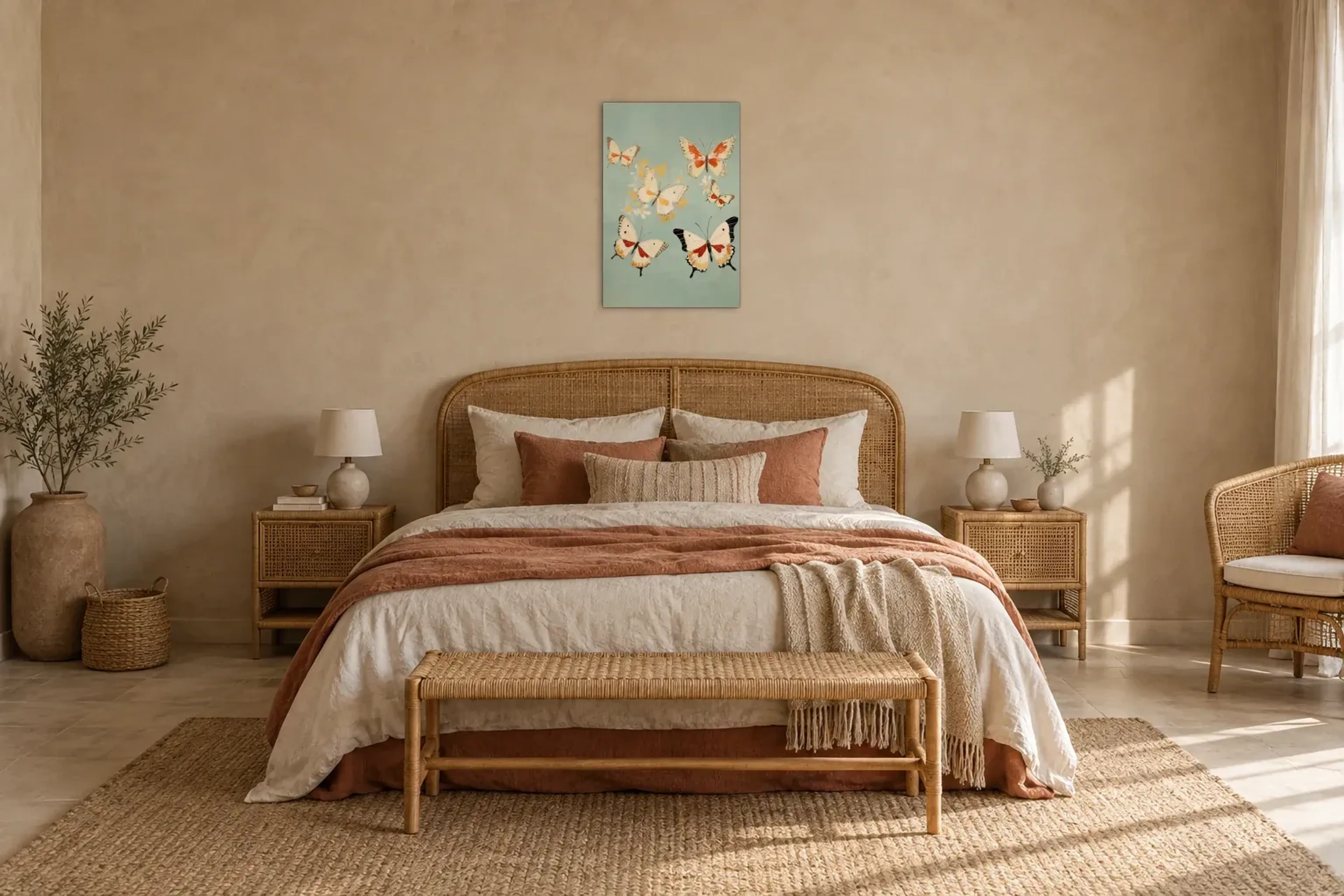 Schmetterlinge auf Salbeigrün als Wandbild über einem 180-cm-Bett