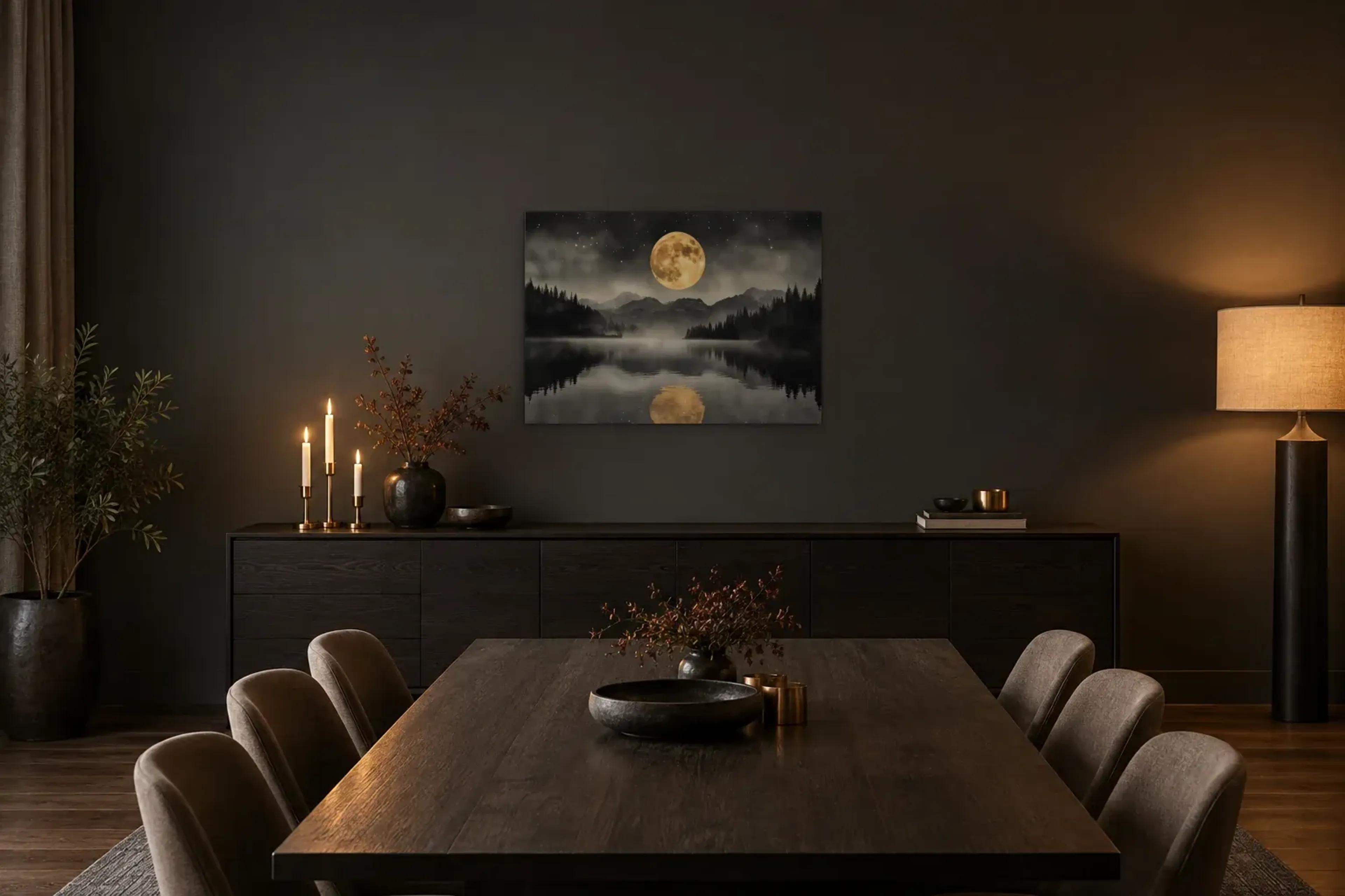 Goldmond über dem See als Wandbild über einem 180-cm-Sideboard