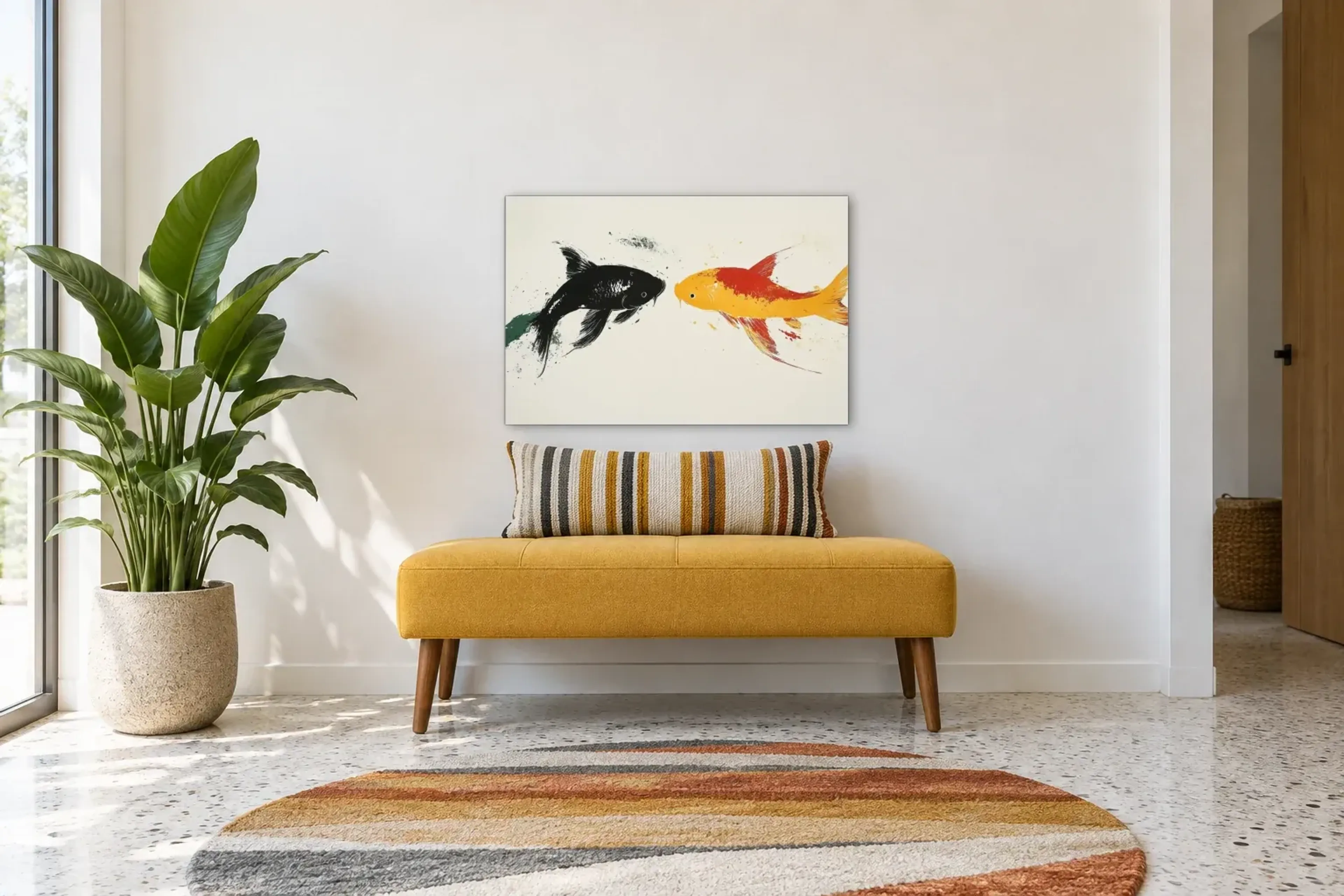 Begegnung der Koi als Wandbild über einer 120-cm-Bank