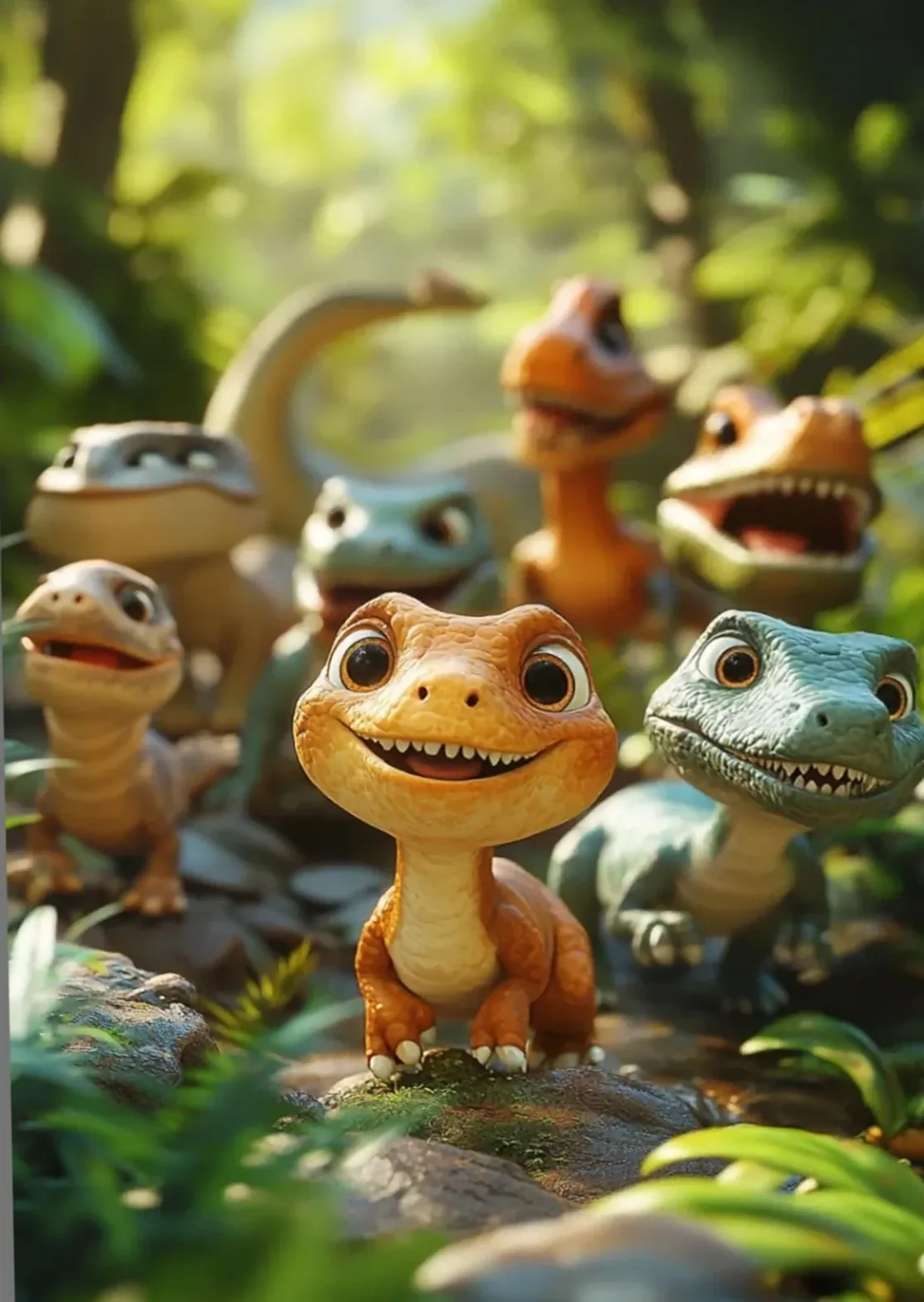 Ein kleiner orangefarbener Dino steht auf einem moosigen Stein, umgeben von weiteren Dinos im grünen Wald.