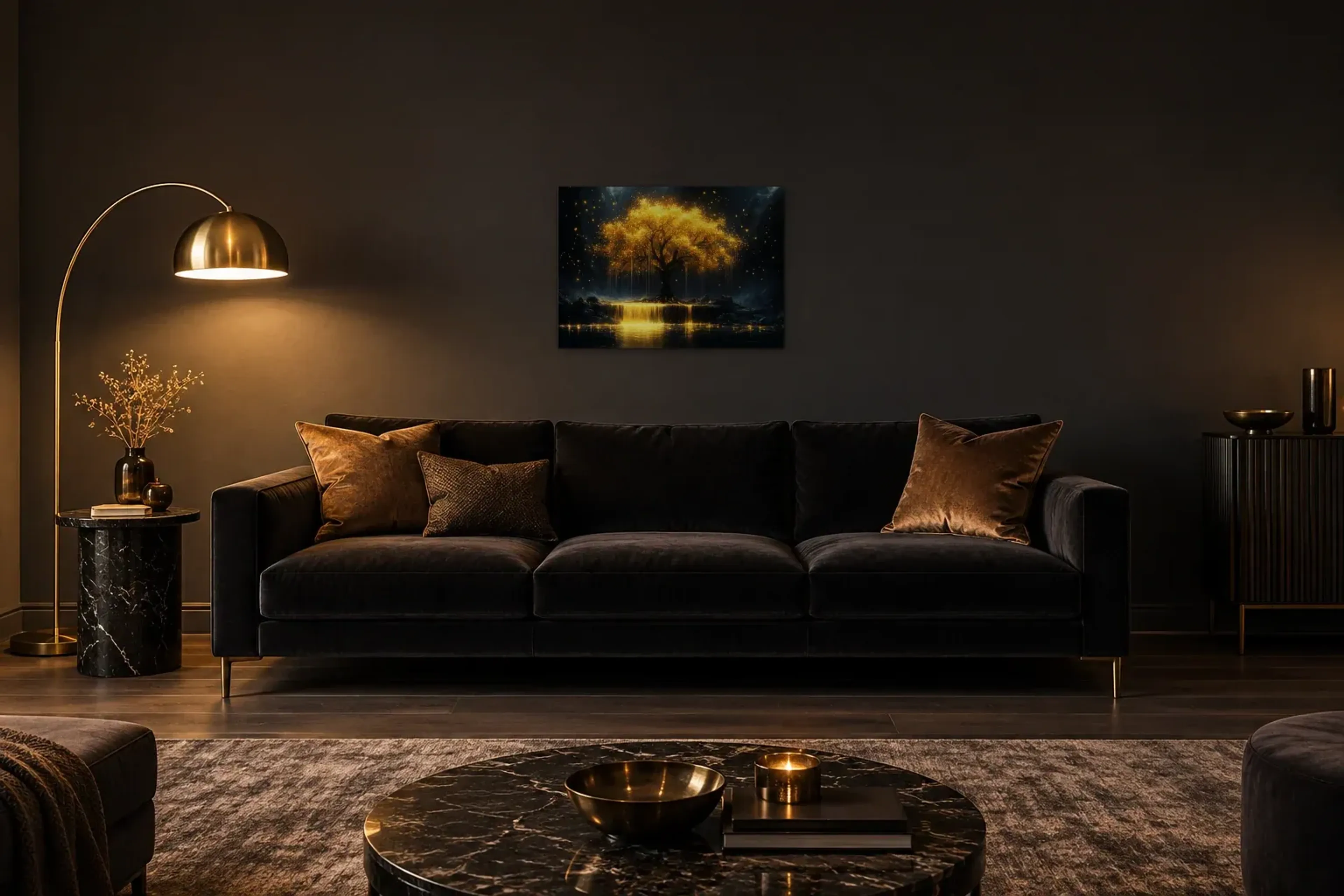 Goldbaum über leuchtendem Wasser als Wandbild über einem 220-cm-Sofa