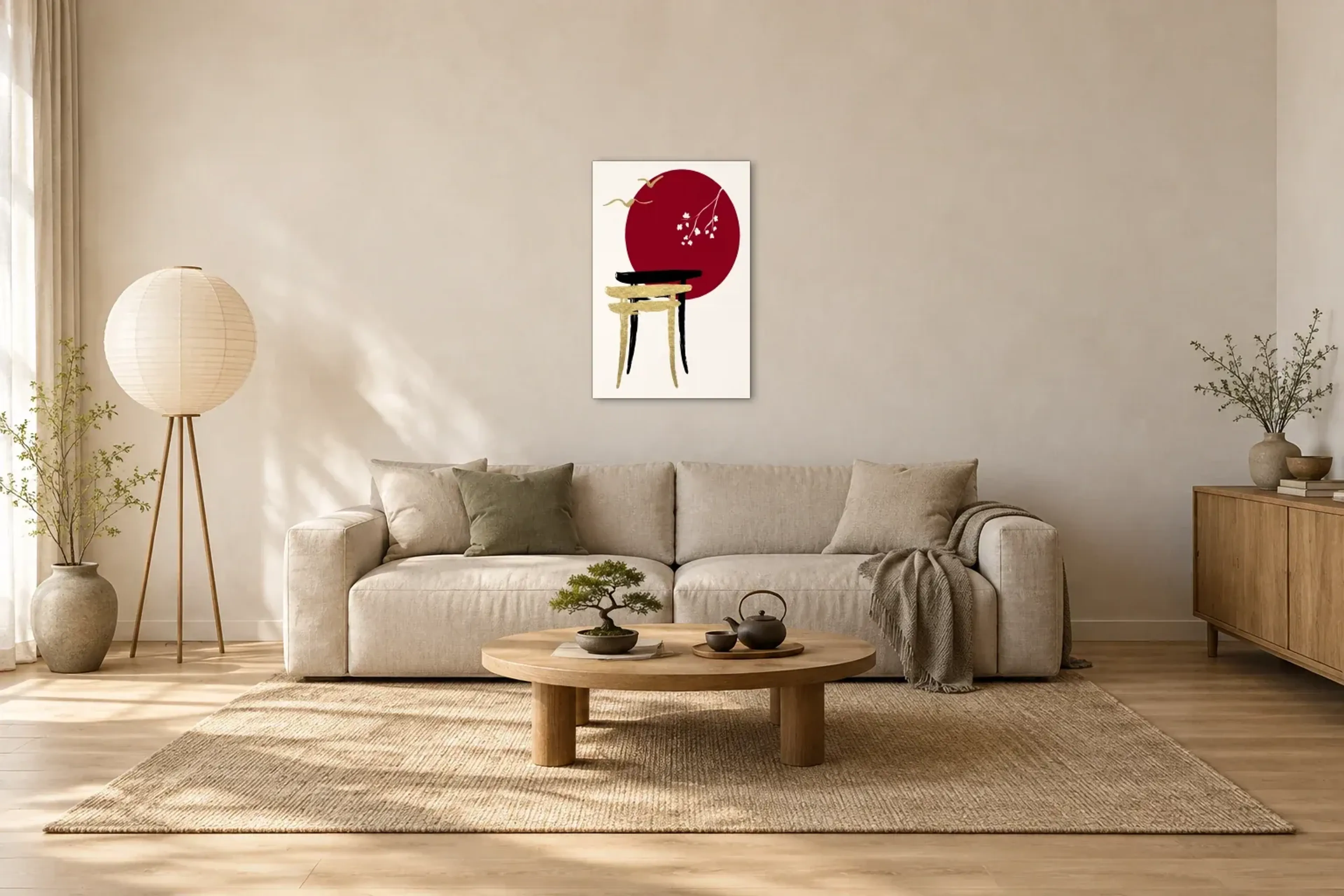 Tore vor rotem Kreis als Wandbild über einem 220-cm-Sofa
