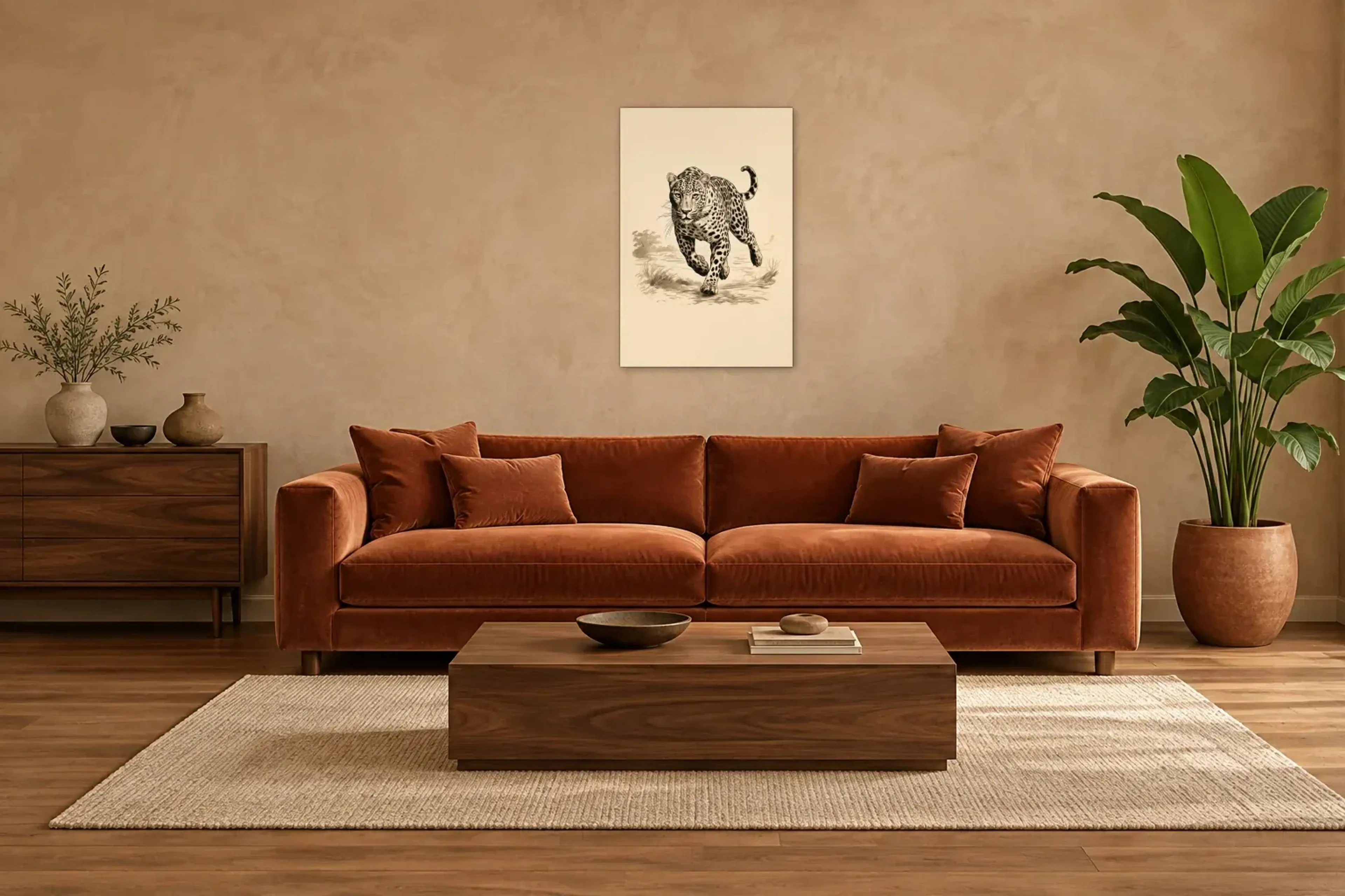 Leopard rennt als Wandbild über einem 220-cm-Sofa