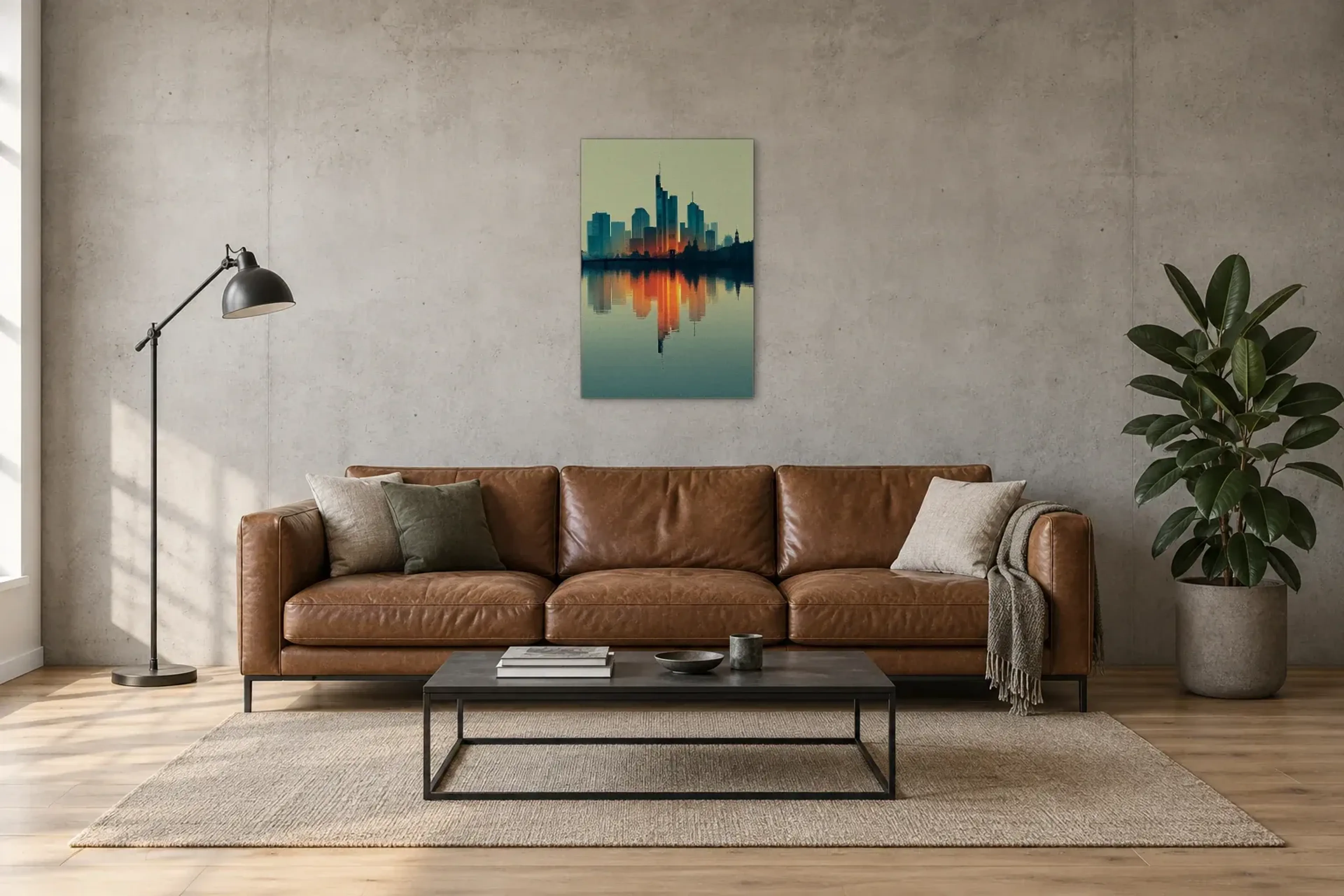 Frankfurt im orangefarbenen Licht als Wandbild über einem 220-cm-Sofa