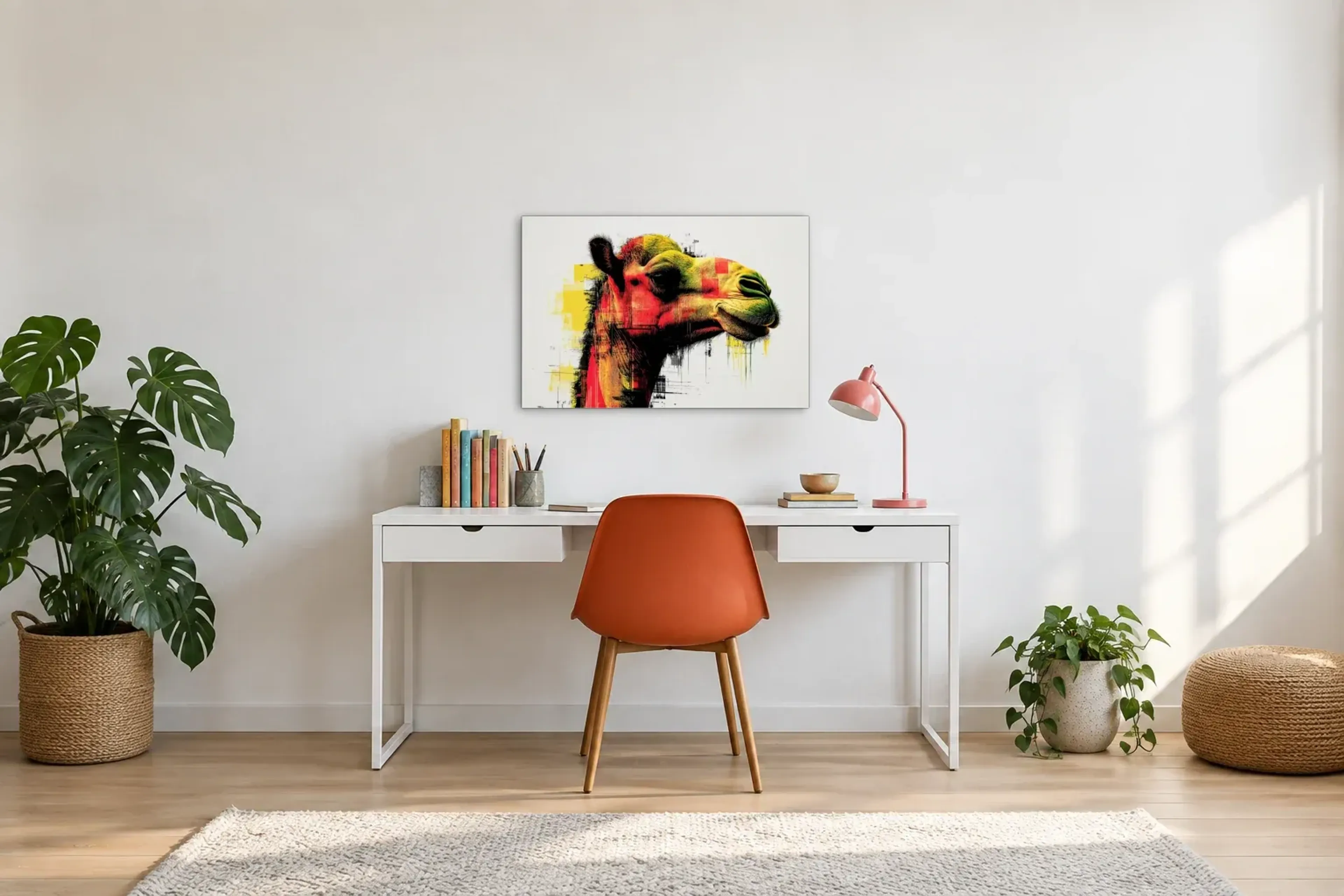 Kamel im Profil als Wandbild über einem 140-cm-Schreibtisch