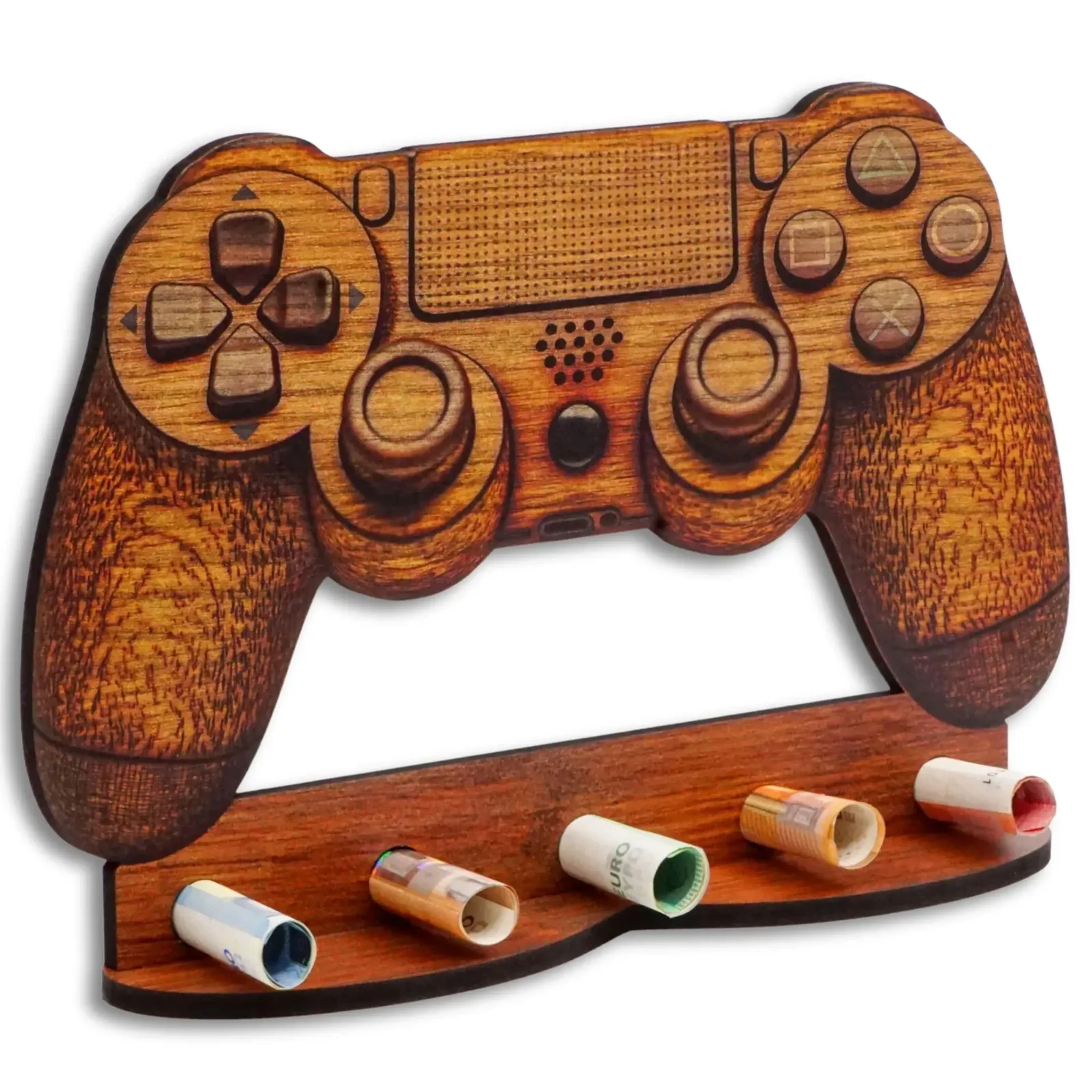 Spielecontroller in brauner Holzoptik mit Steuerkreuz und Tasten über einer Basis mit fünf gerollten Geldscheinen.