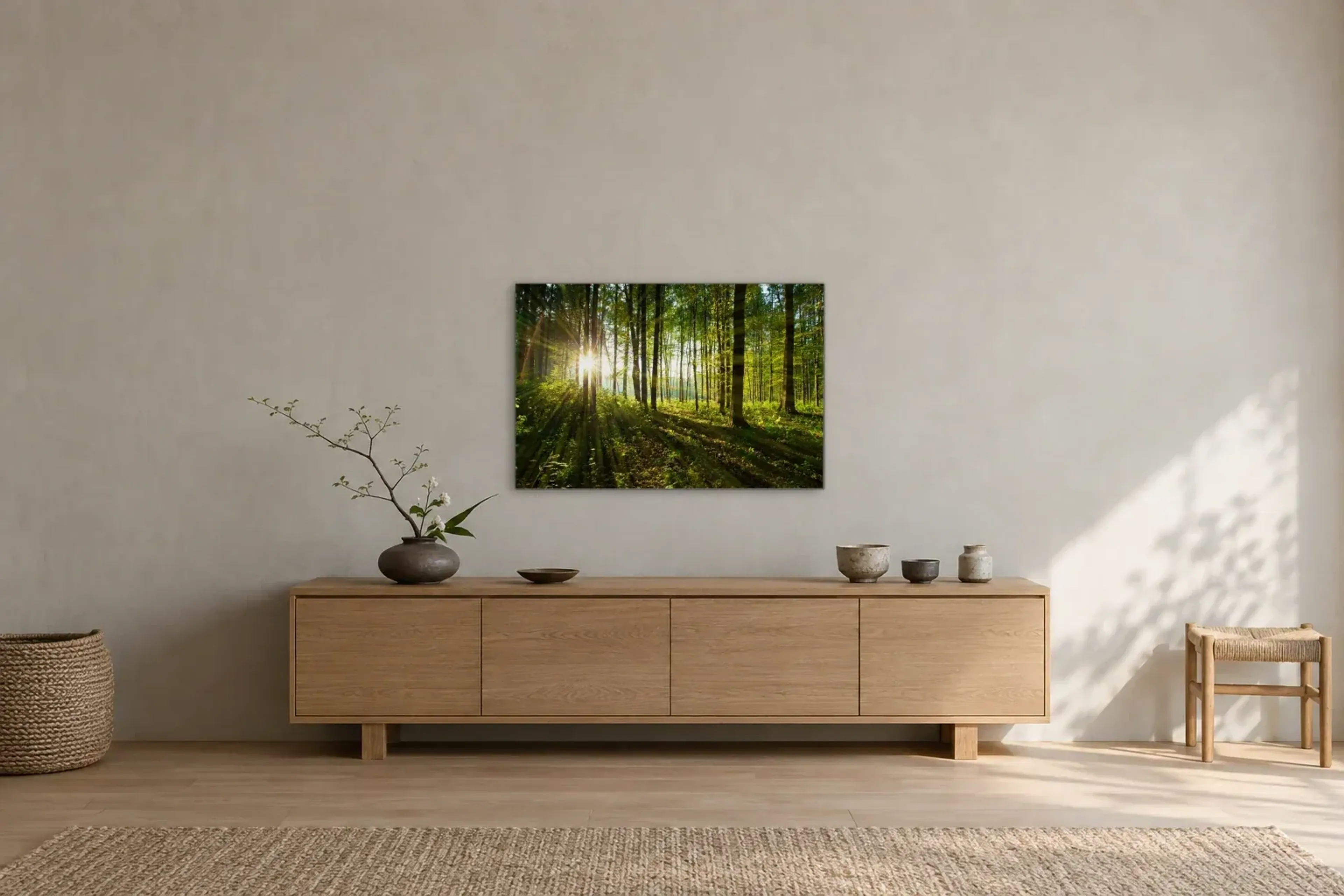 Sonnenstrahlen zwischen Bäumen als Wandbild über einem 180-cm-Sideboard
