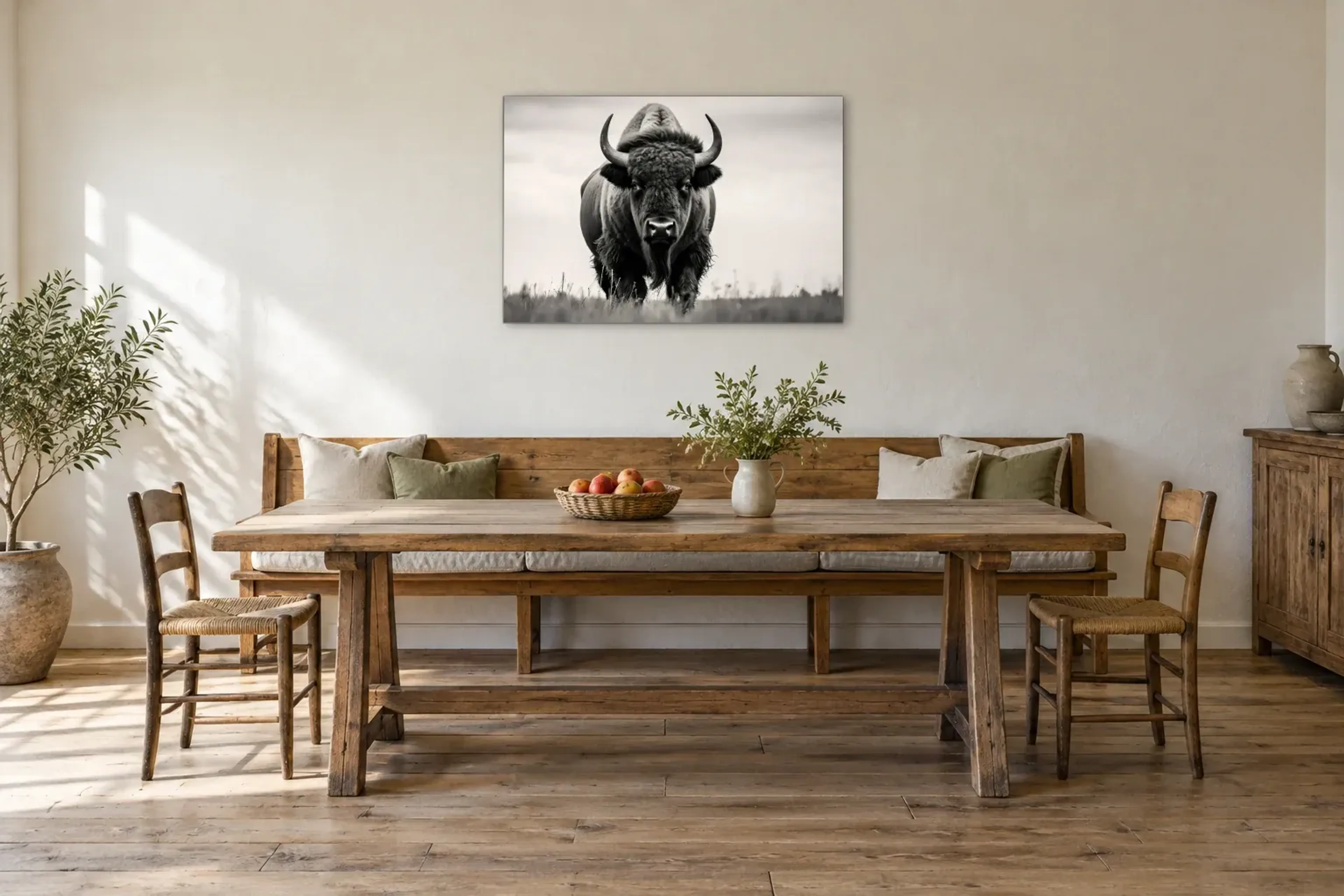 Bison frontal in Schwarz-Weiß als Wandbild über einer 200-cm-Sitzbank