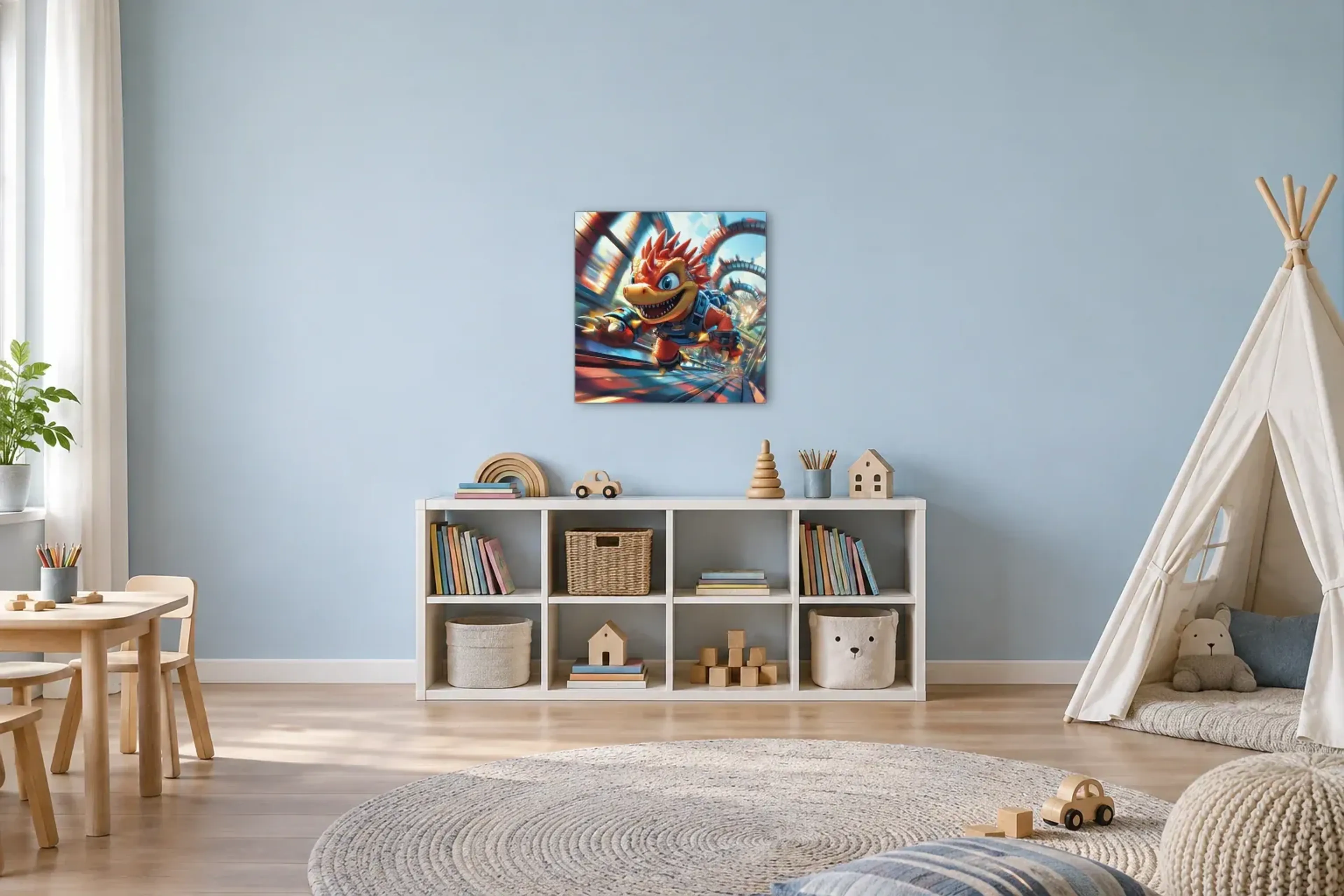Dino auf rasanter Fahrt als Wandbild über einem 120-cm-Spielregal
