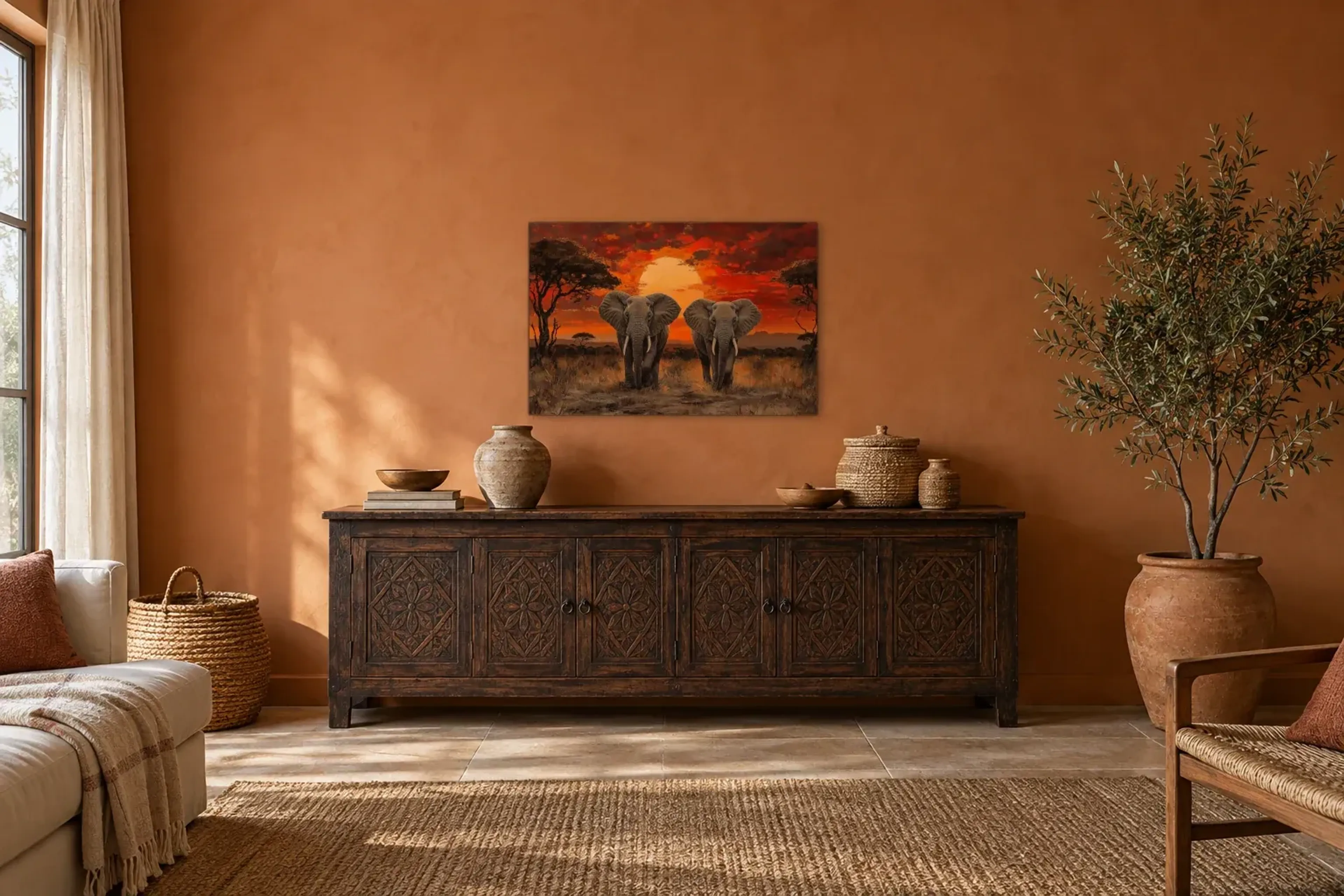 Elefanten im Abendlicht als Wandbild über einem 180-cm-Sideboard