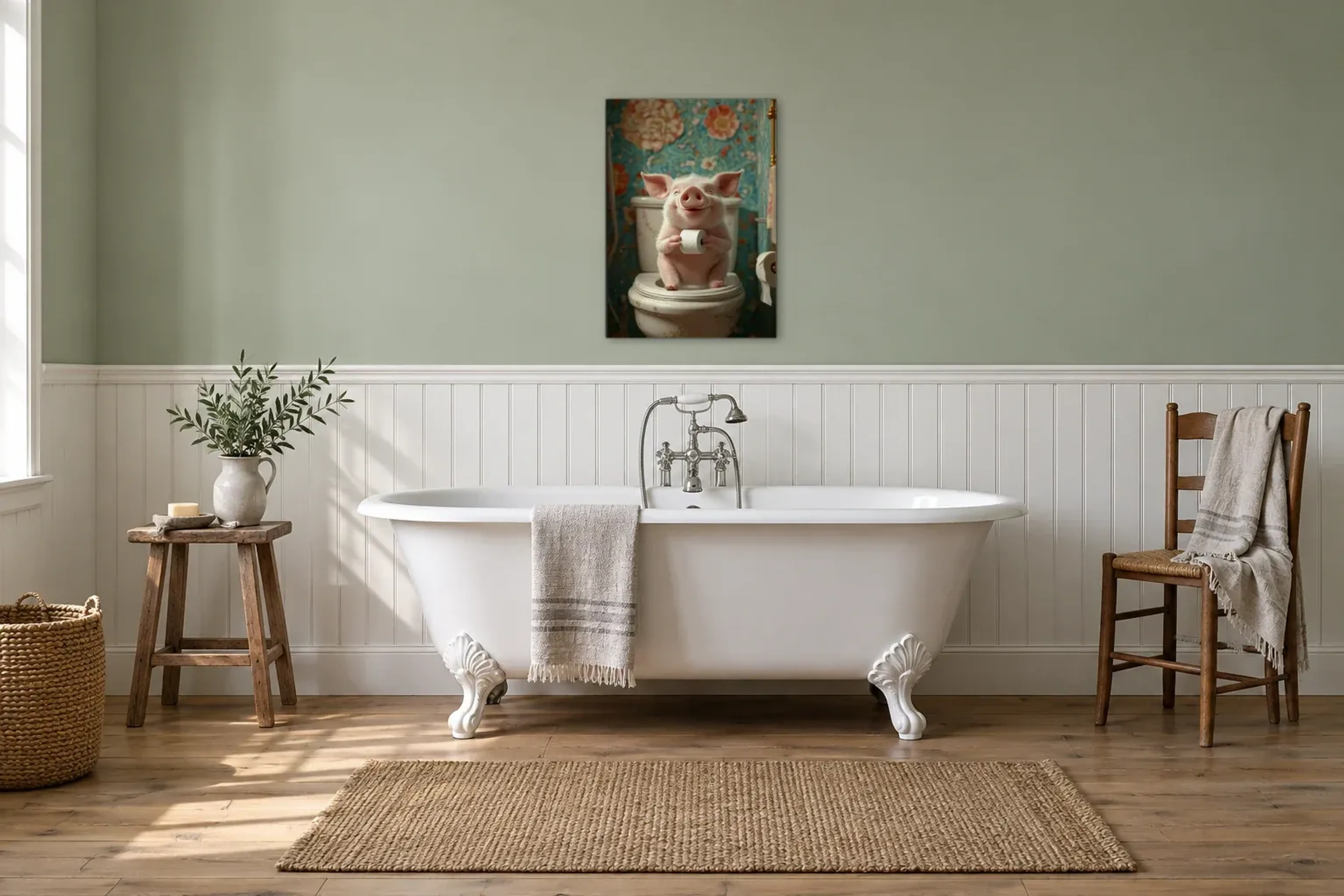 Schwein vor Blumentapete als Wandbild über einer 170-cm-Badewanne