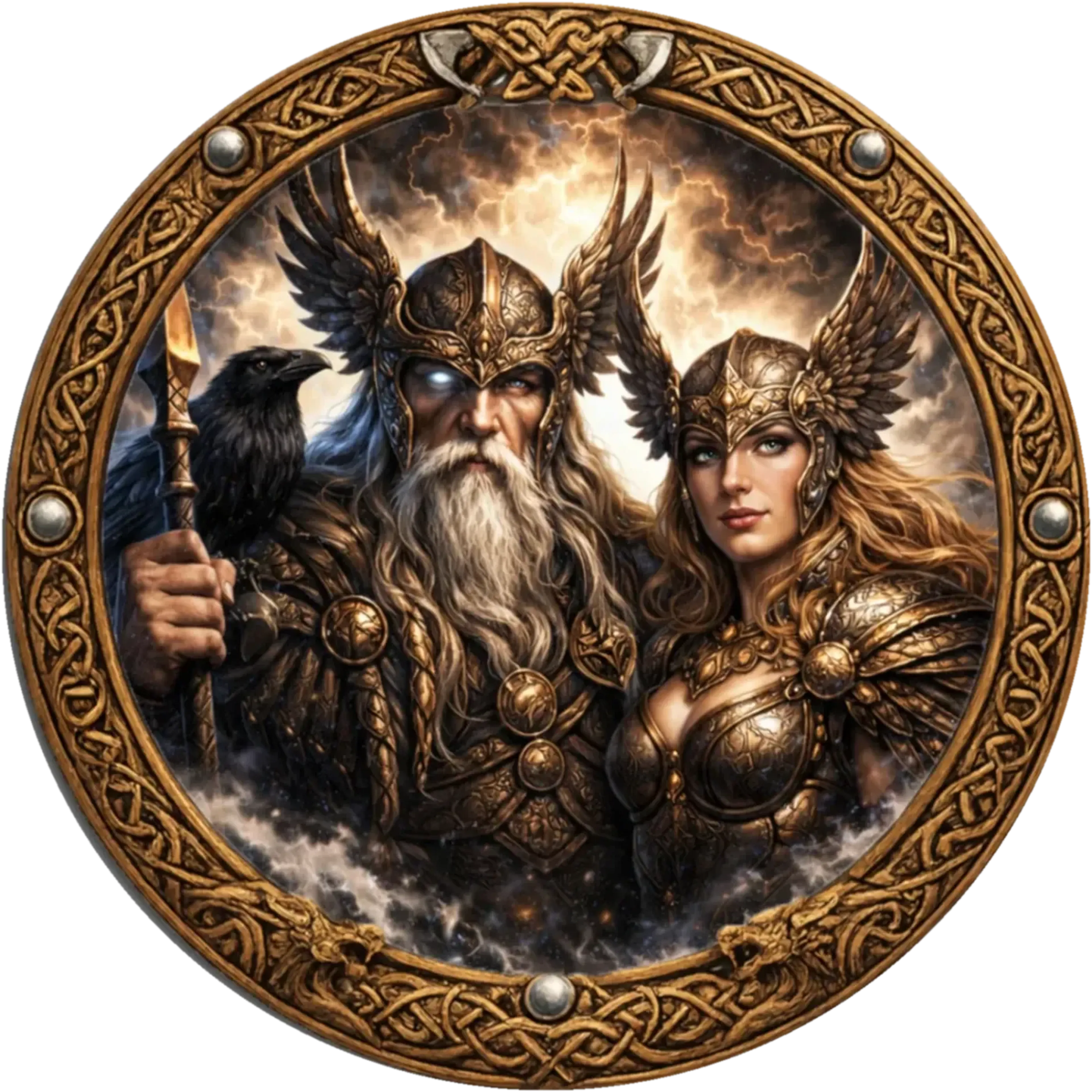 Odin mit Speer und Rabe neben Frigg, beide in goldfarbenen Rüstungen vor einem leuchtenden Gewitterhimmel.