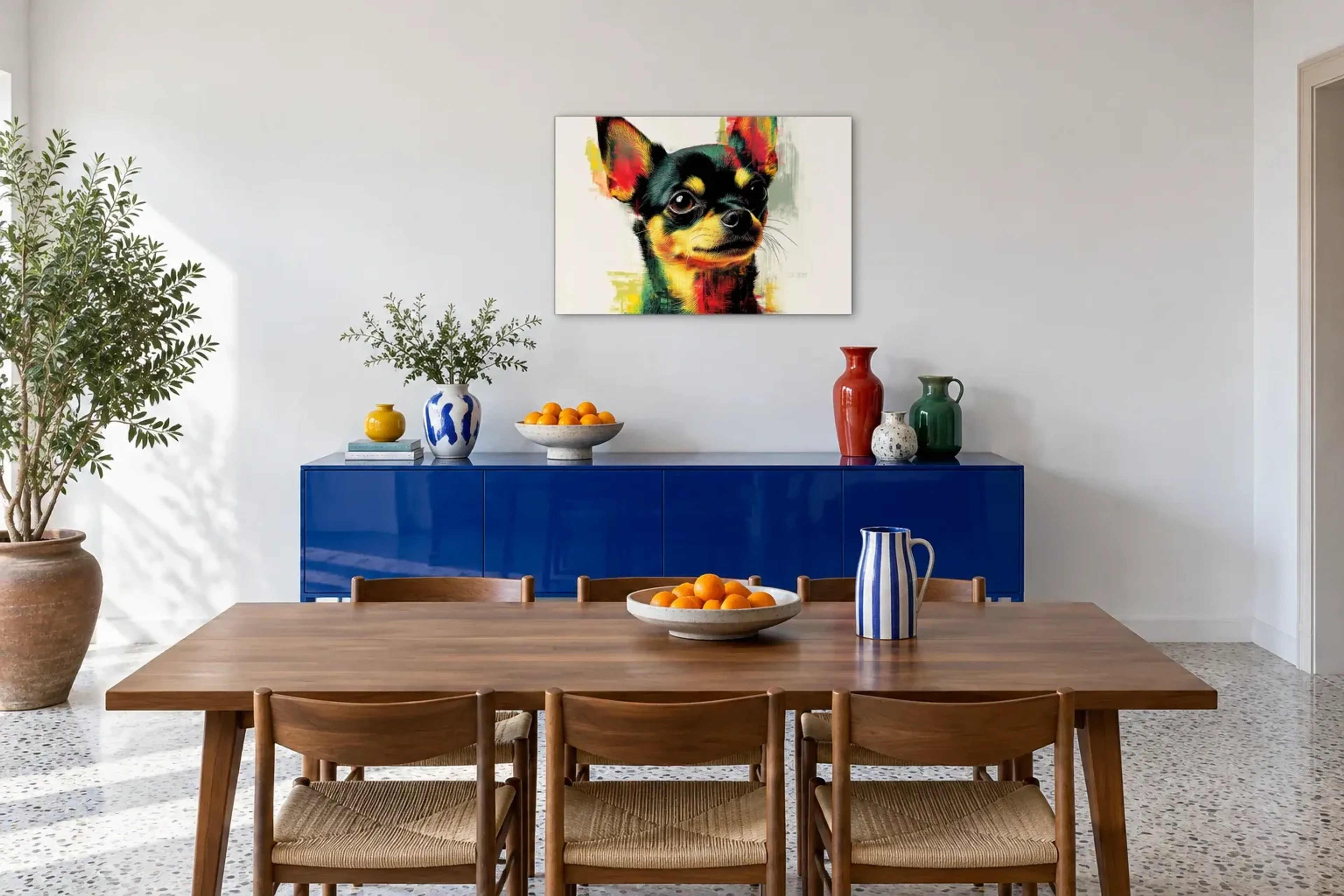 Chihuahua mit wachem Blick als Wandbild über einem 180-cm-Sideboard