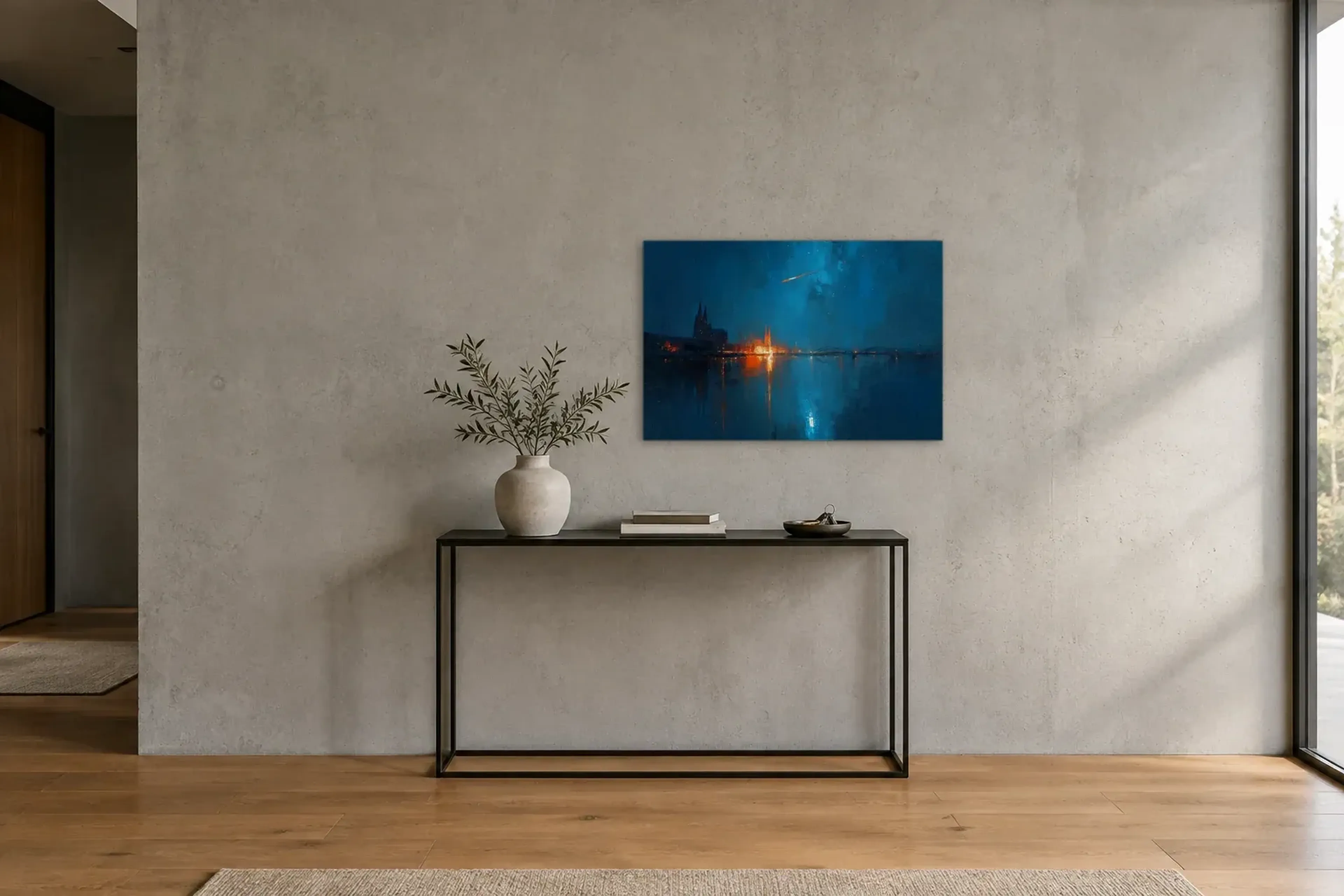 Köln in blauer Stille als Wandbild über einer 120-cm-Konsole