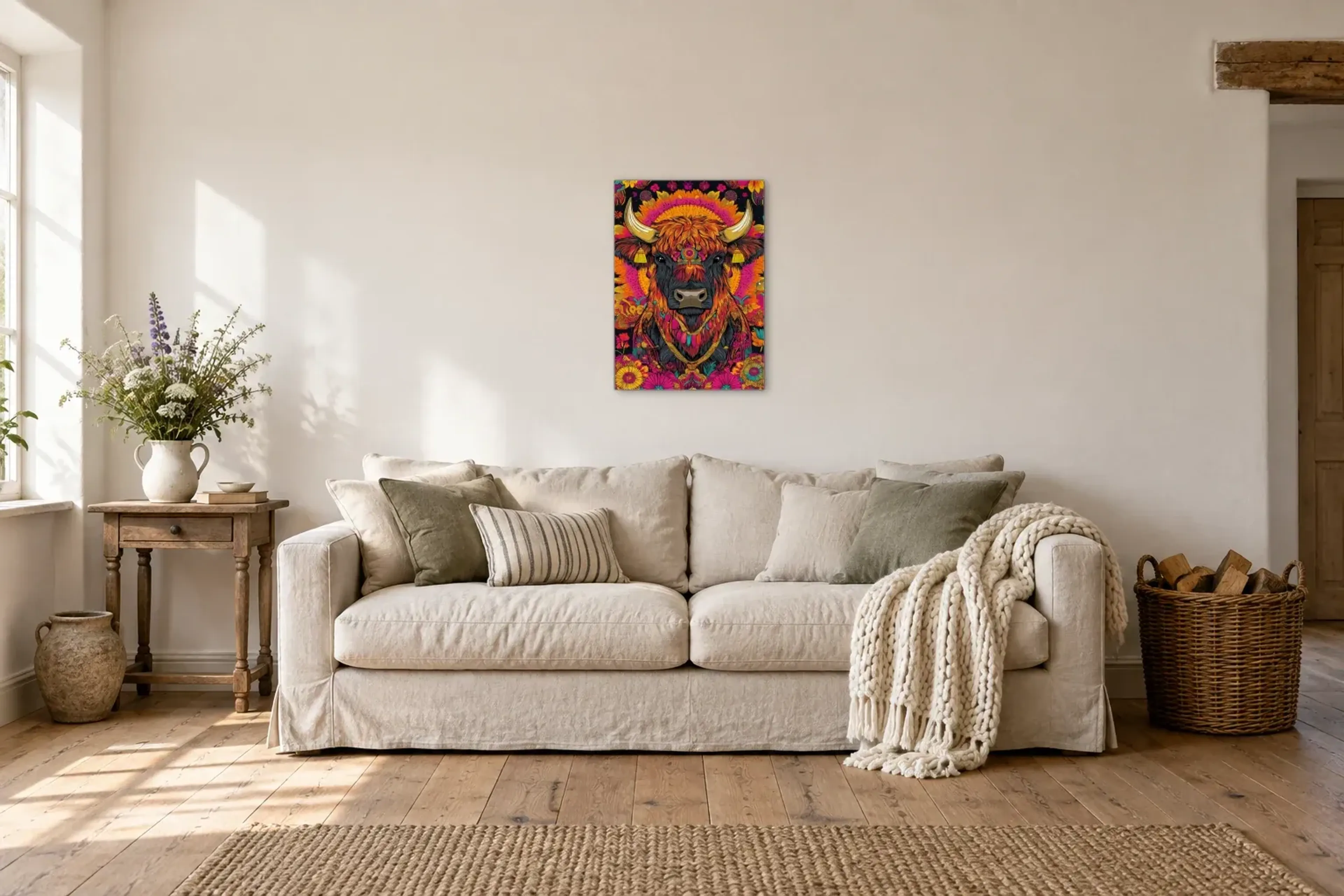 Hochlandrind mit Blütenschmuck als Wandbild über einem 220-cm-Sofa