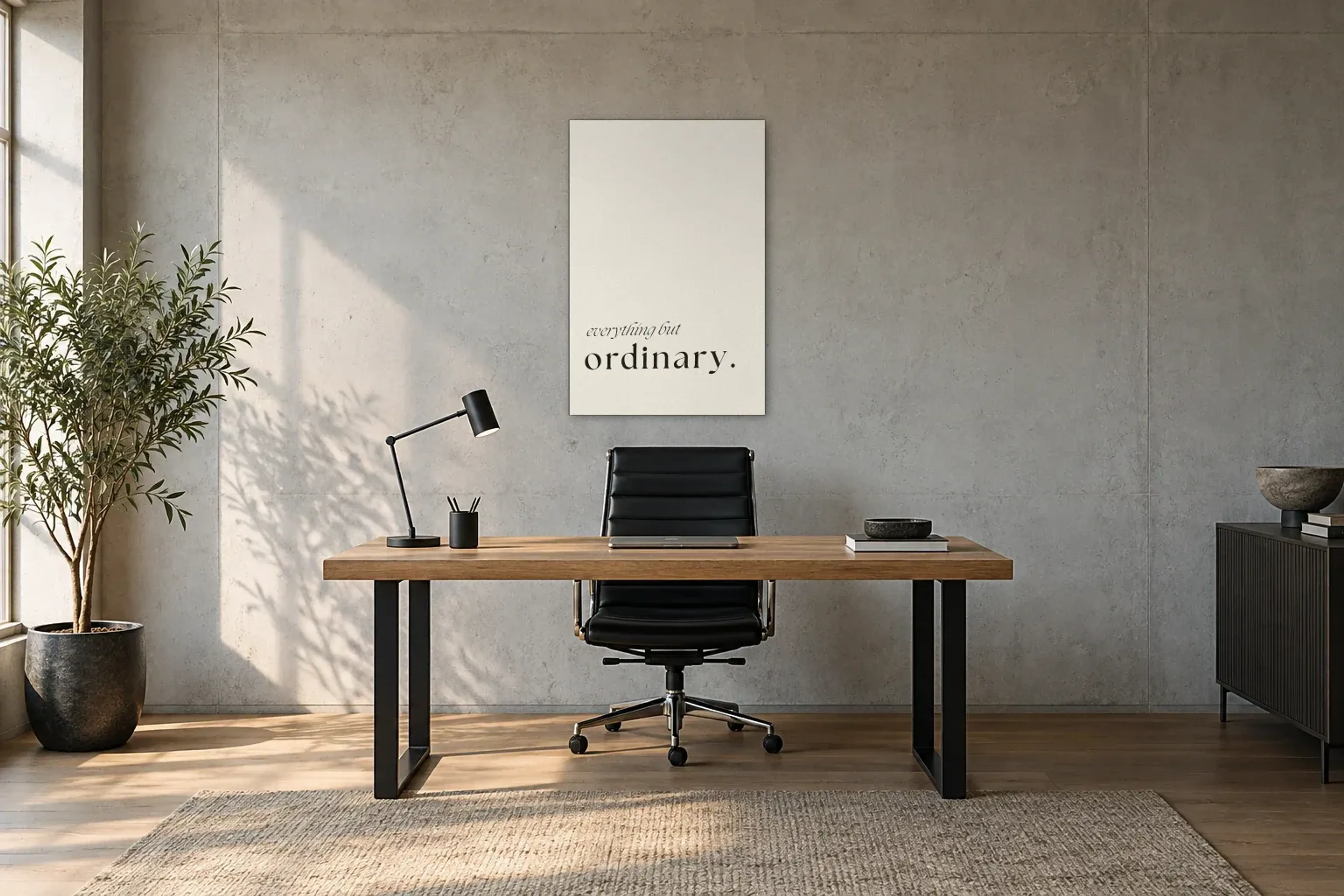 Everything but Ordinary als Wandbild über einem 160-cm-Schreibtisch