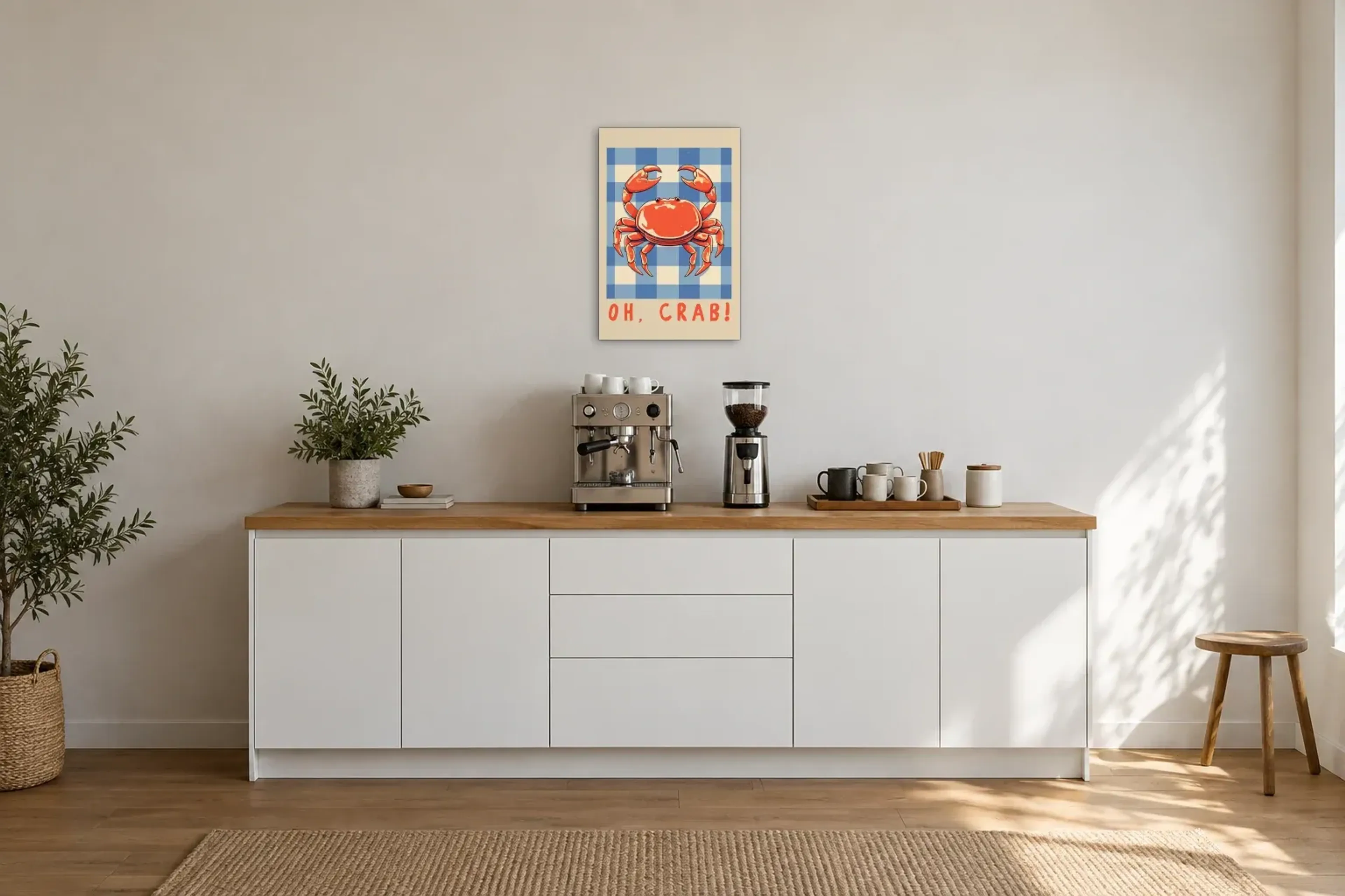 Krabbe auf Karos als Wandbild über einer 200-cm-Arbeitsplatte