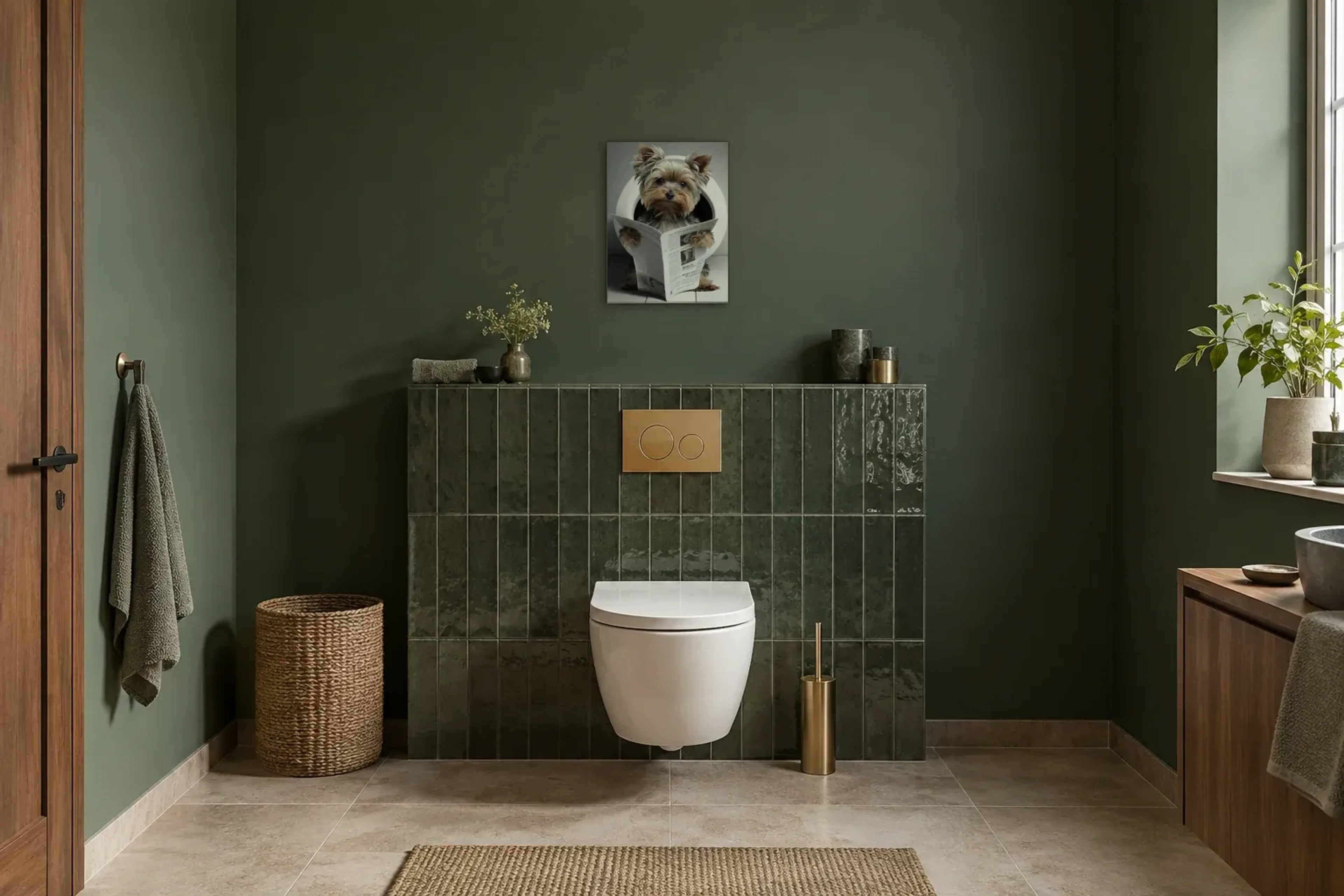 Yorkshire mit Zeitung als Wandbild im Gäste-WC