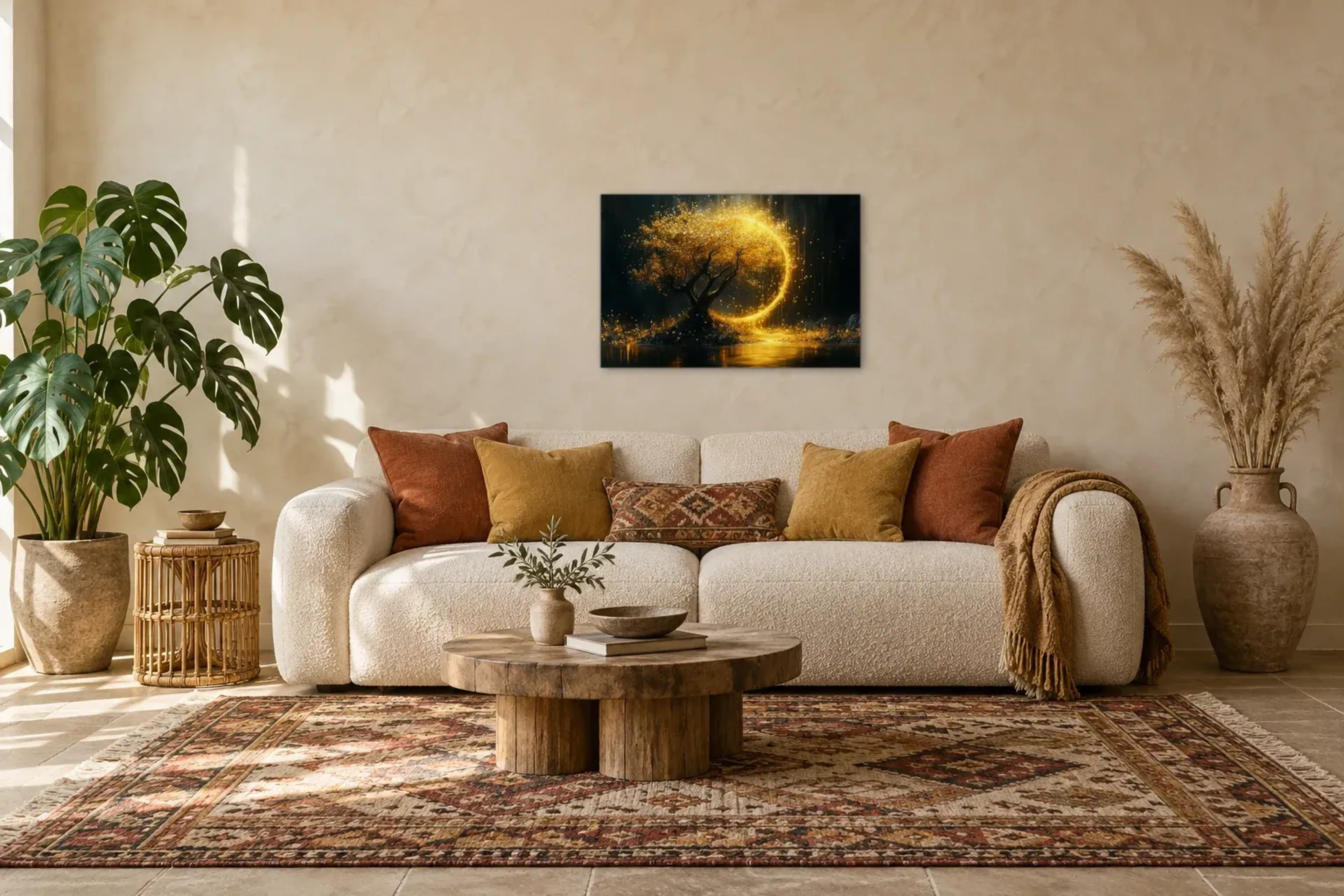 Baum des Lichts als Wandbild über einem 220-cm-Sofa