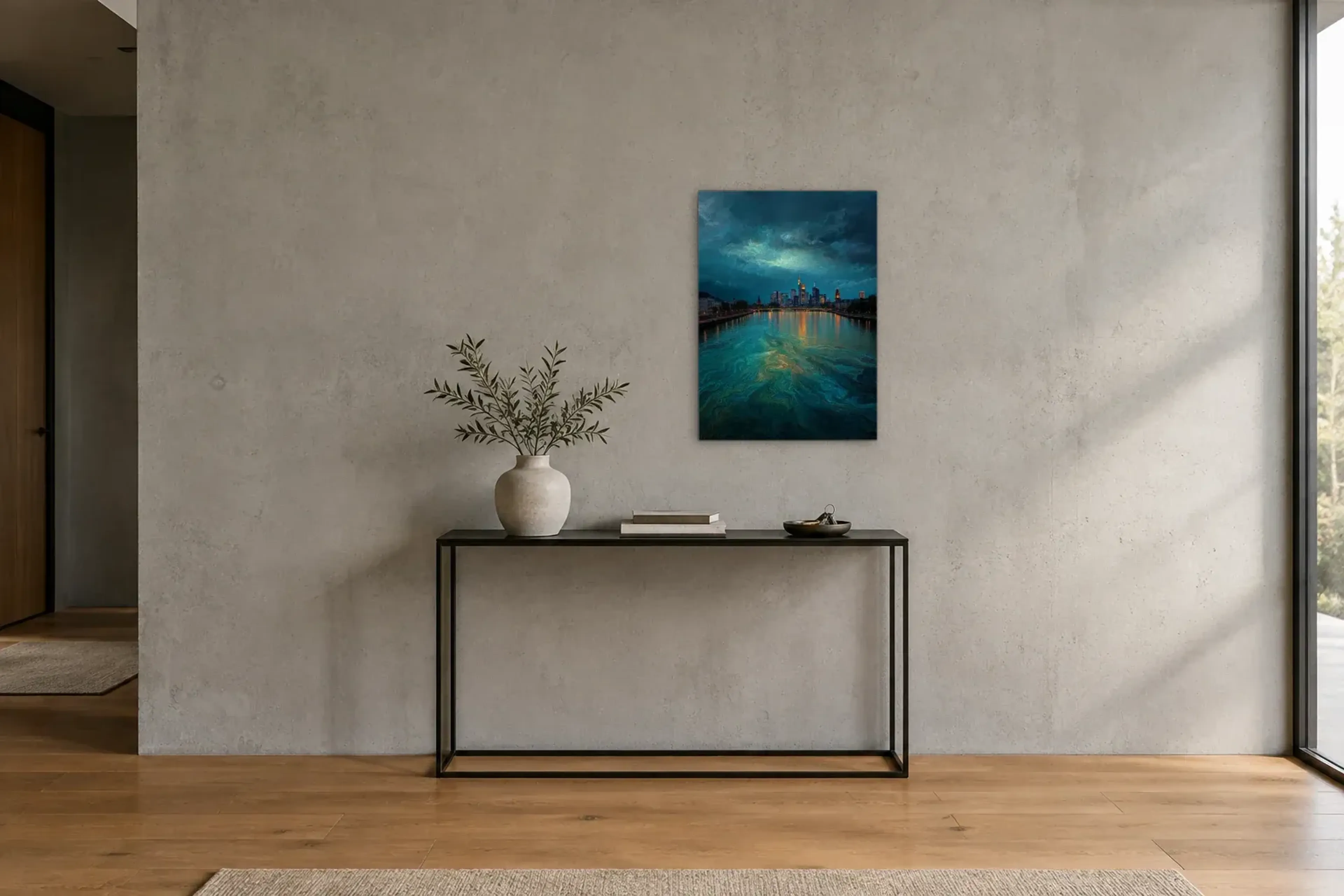 Frankfurt zwischen Wolken und Wasser als Wandbild über einer 120-cm-Konsole