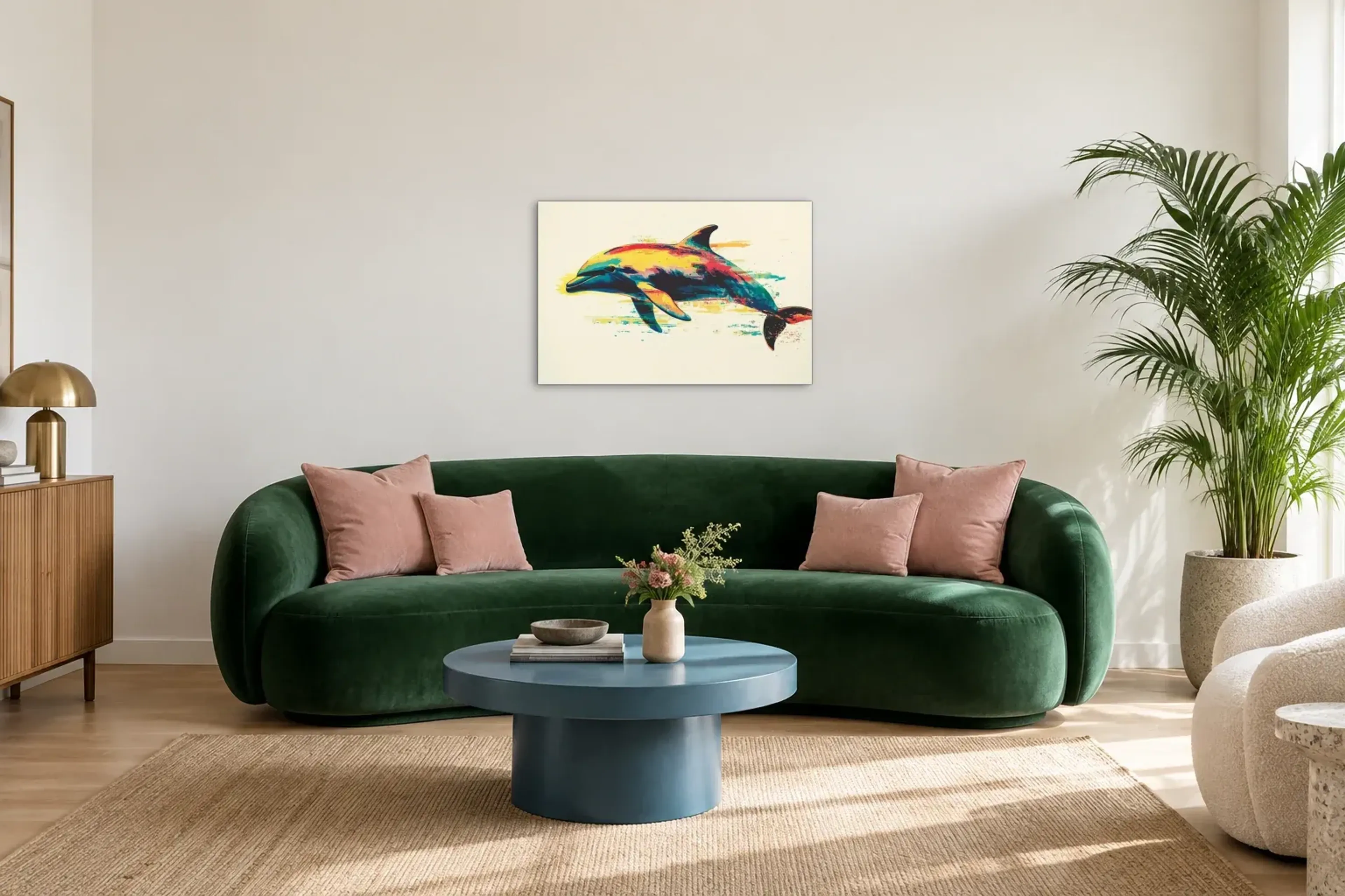 Delfin in bunten Farben als Wandbild über einem 220-cm-Sofa