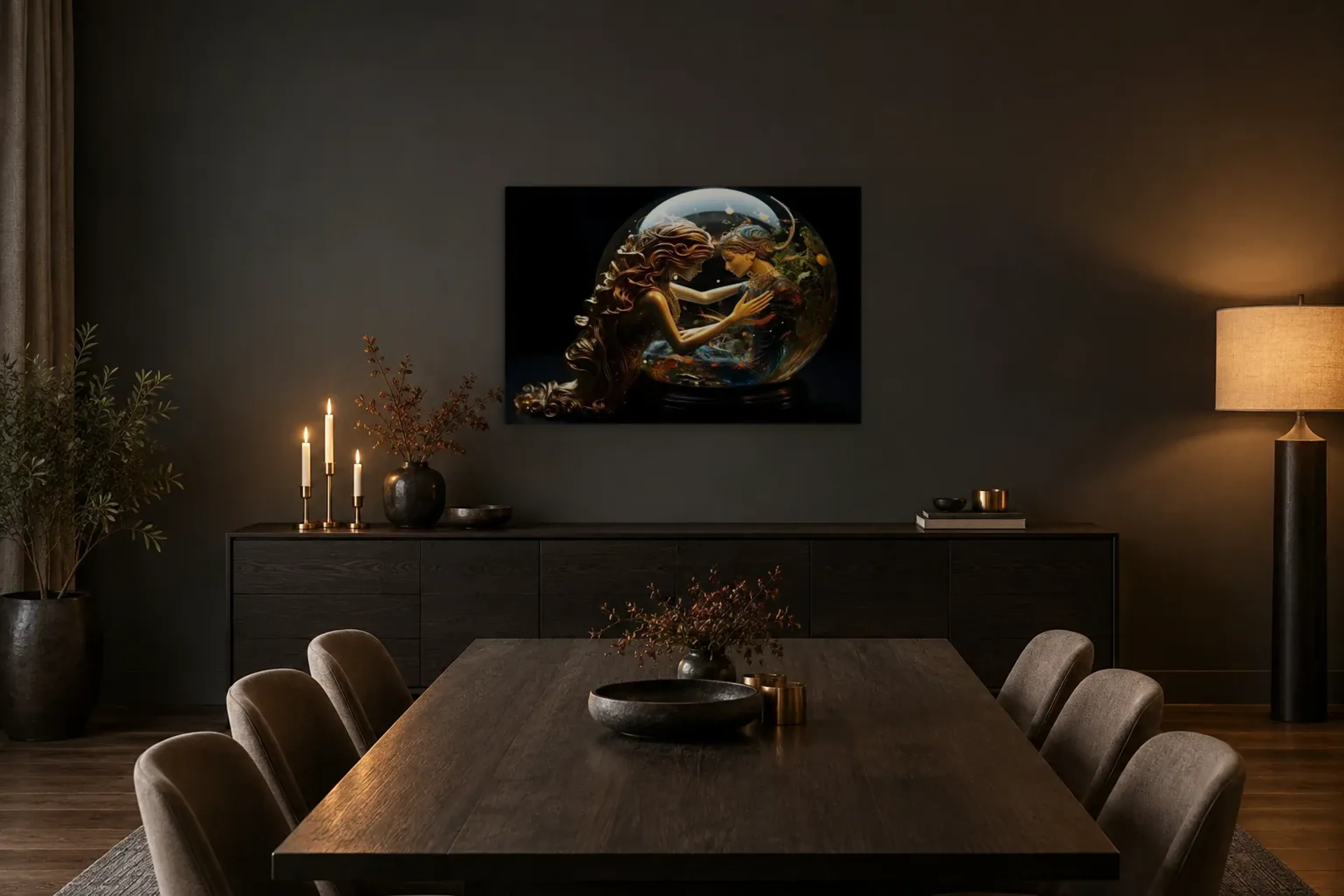 Begegnung an der Glaskugel als Wandbild über einem 180-cm-Sideboard