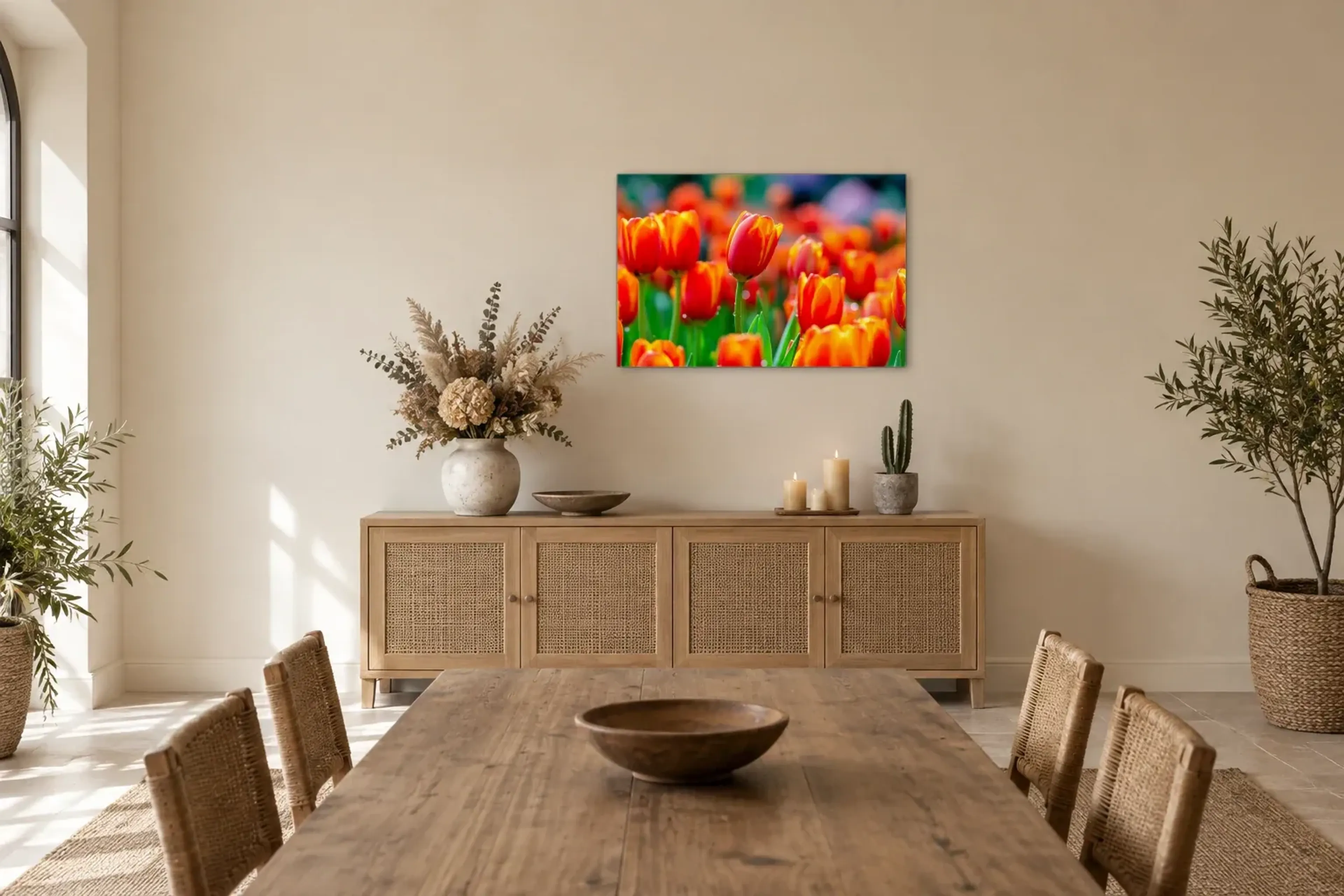 Rotgelbe Tulpen als Wandbild über einem 160-cm-Sideboard