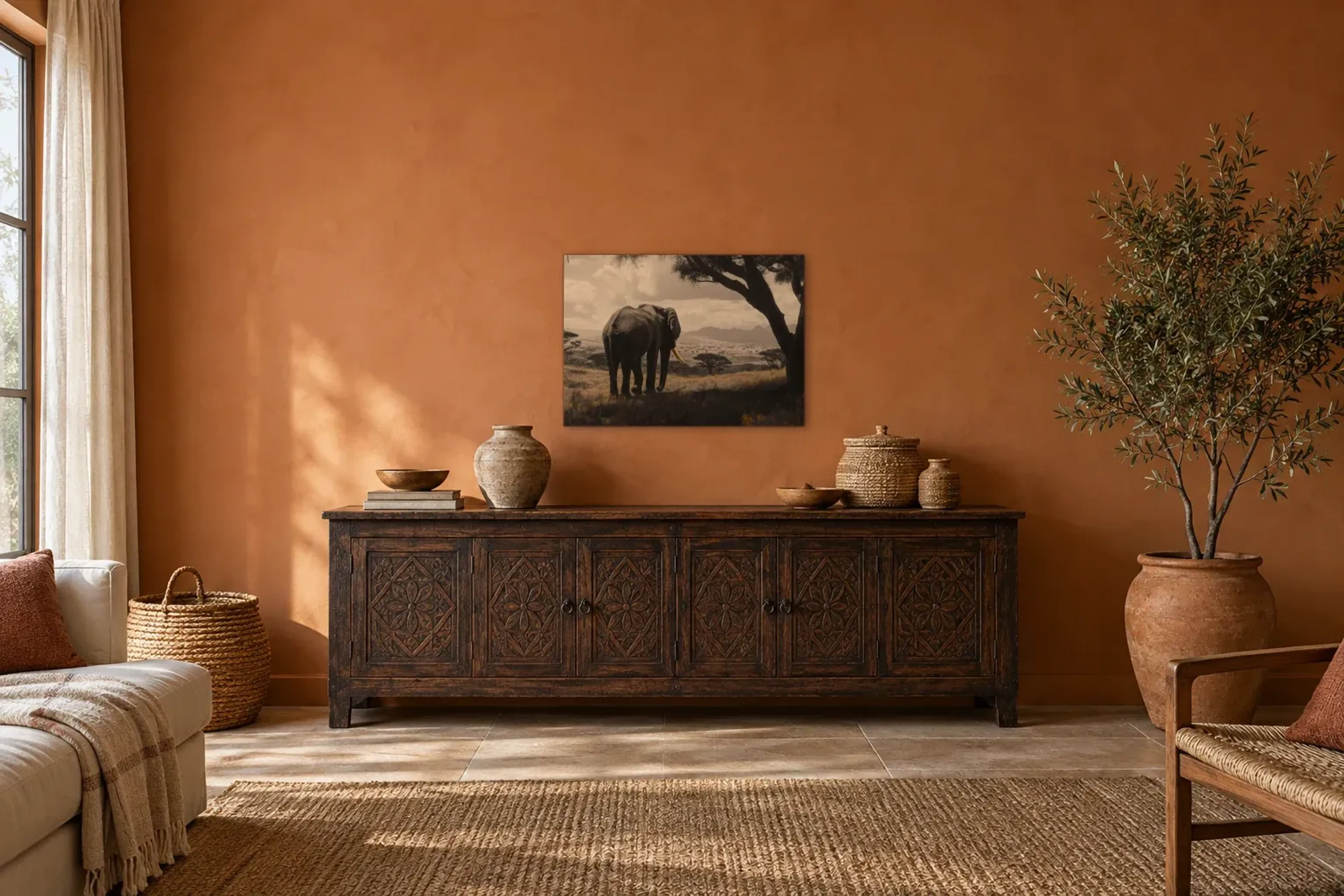 Elefant unter weitem Himmel als Wandbild über einem 180-cm-Sideboard