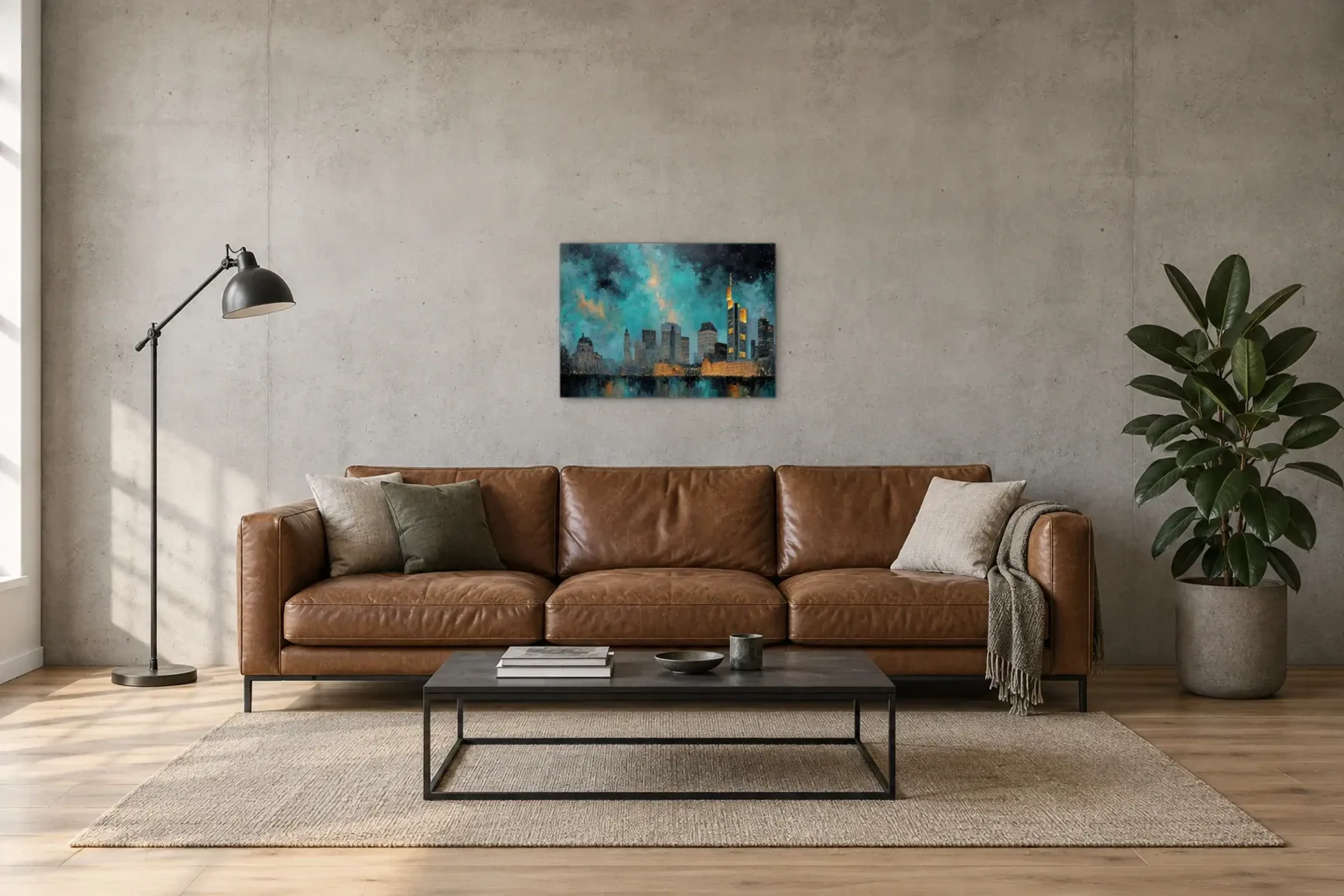 Frankfurt unter türkisfarbenem Himmel als Wandbild über einem 220-cm-Sofa