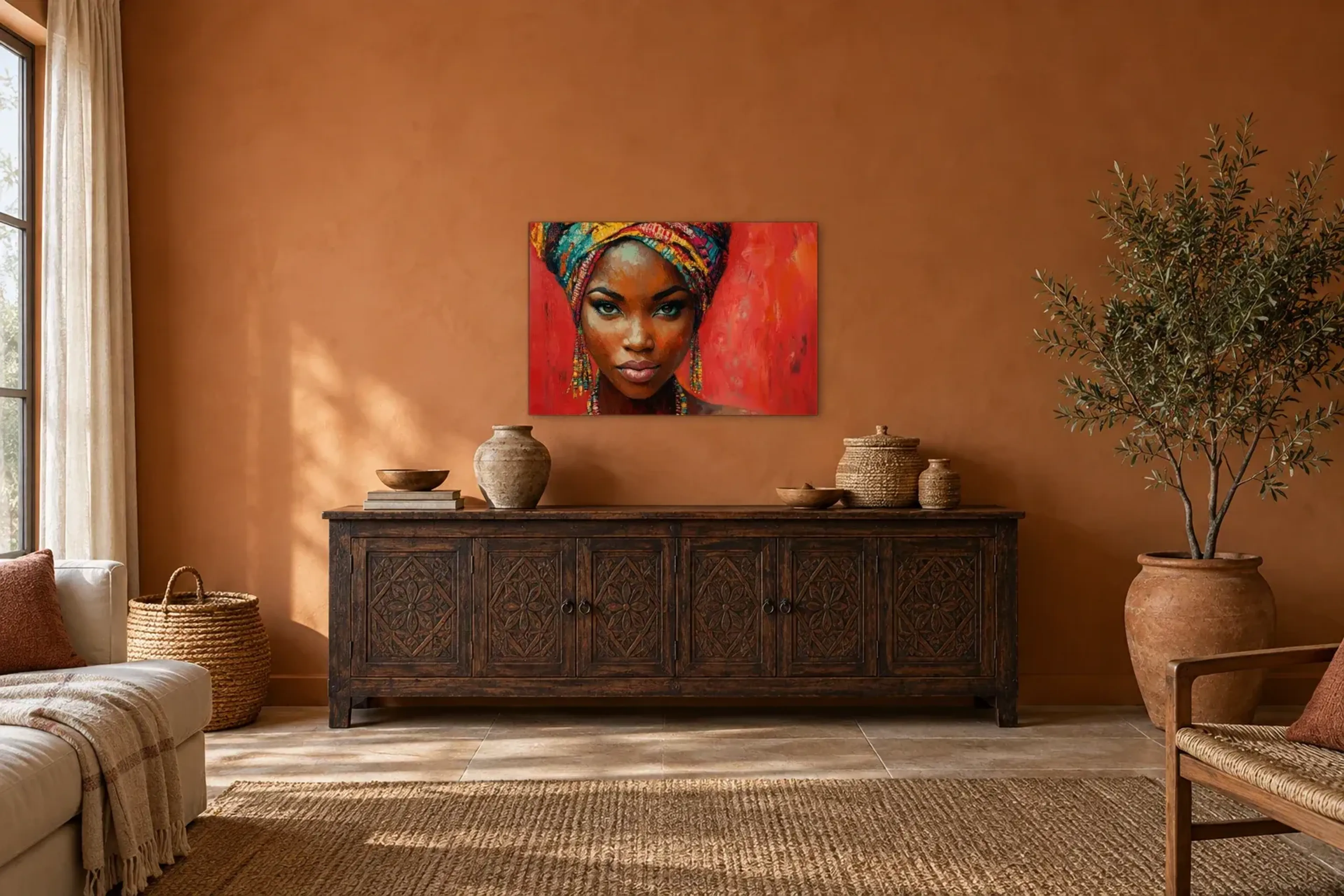 Turbanfrau als Wandbild über einem 180-cm-Sideboard